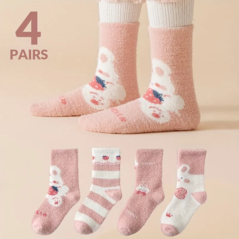 4 Pairs of Girls' Winter Pink Strawberry Rabbit Mink Velvet Mid-Calf Socks - Age 1-2, 2-3, 3-8 Years