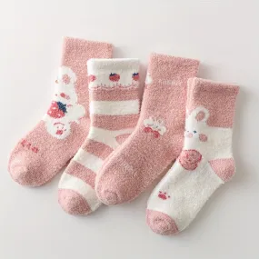 4 Pairs of Girls' Winter Pink Strawberry Rabbit Mink Velvet Mid-Calf Socks - Age 1-2, 2-3, 3-8 Years