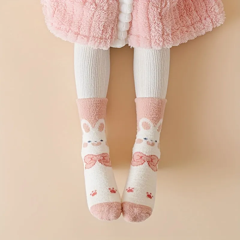 4 Pairs of Girls' Winter Pink Strawberry Rabbit Mink Velvet Mid-Calf Socks - Age 1-2, 2-3, 3-8 Years