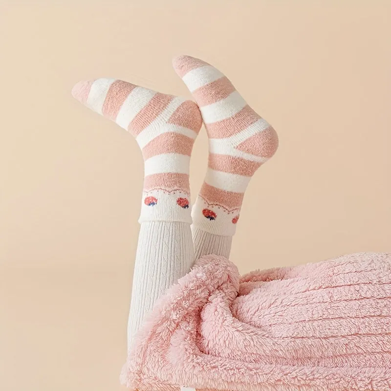 4 Pairs of Girls' Winter Pink Strawberry Rabbit Mink Velvet Mid-Calf Socks - Age 1-2, 2-3, 3-8 Years