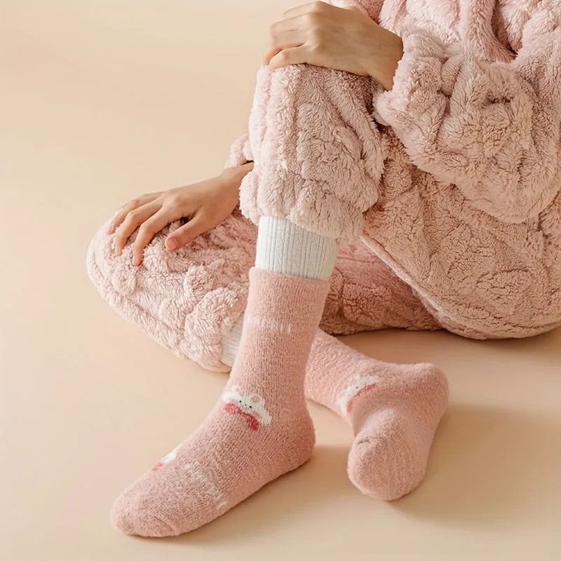 4 Pairs of Girls' Winter Pink Strawberry Rabbit Mink Velvet Mid-Calf Socks - Age 1-2, 2-3, 3-8 Years
