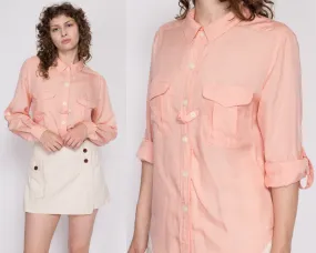 80s Peach Silk Blend Cuffed Sleeve Blouse - Large