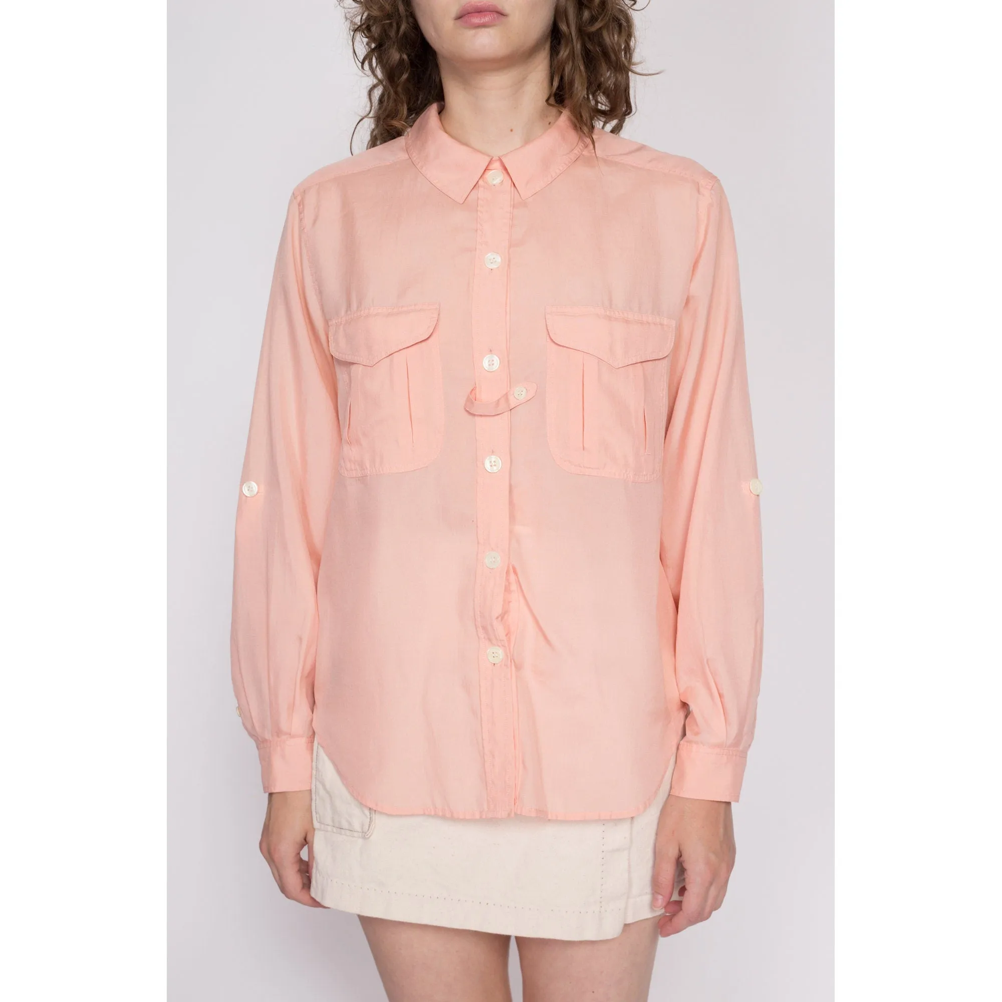 80s Peach Silk Blend Cuffed Sleeve Blouse - Large