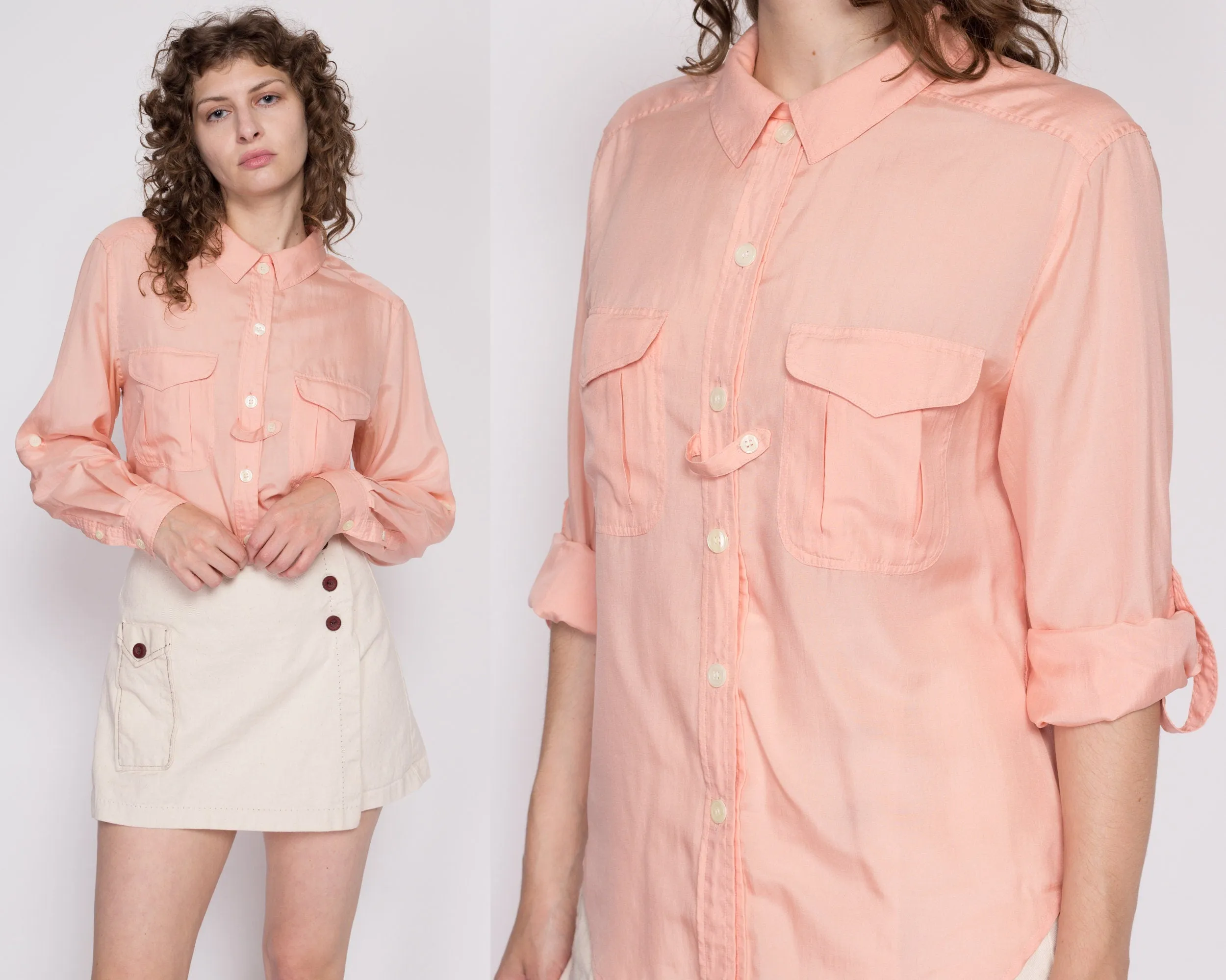 80s Peach Silk Blend Cuffed Sleeve Blouse - Large