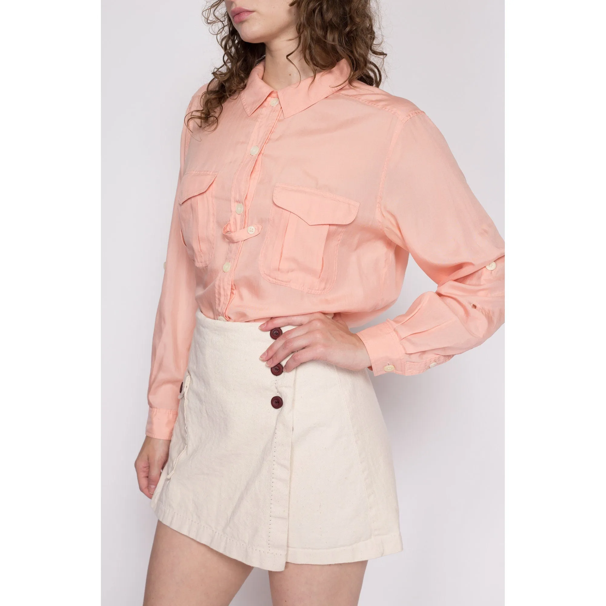 80s Peach Silk Blend Cuffed Sleeve Blouse - Large