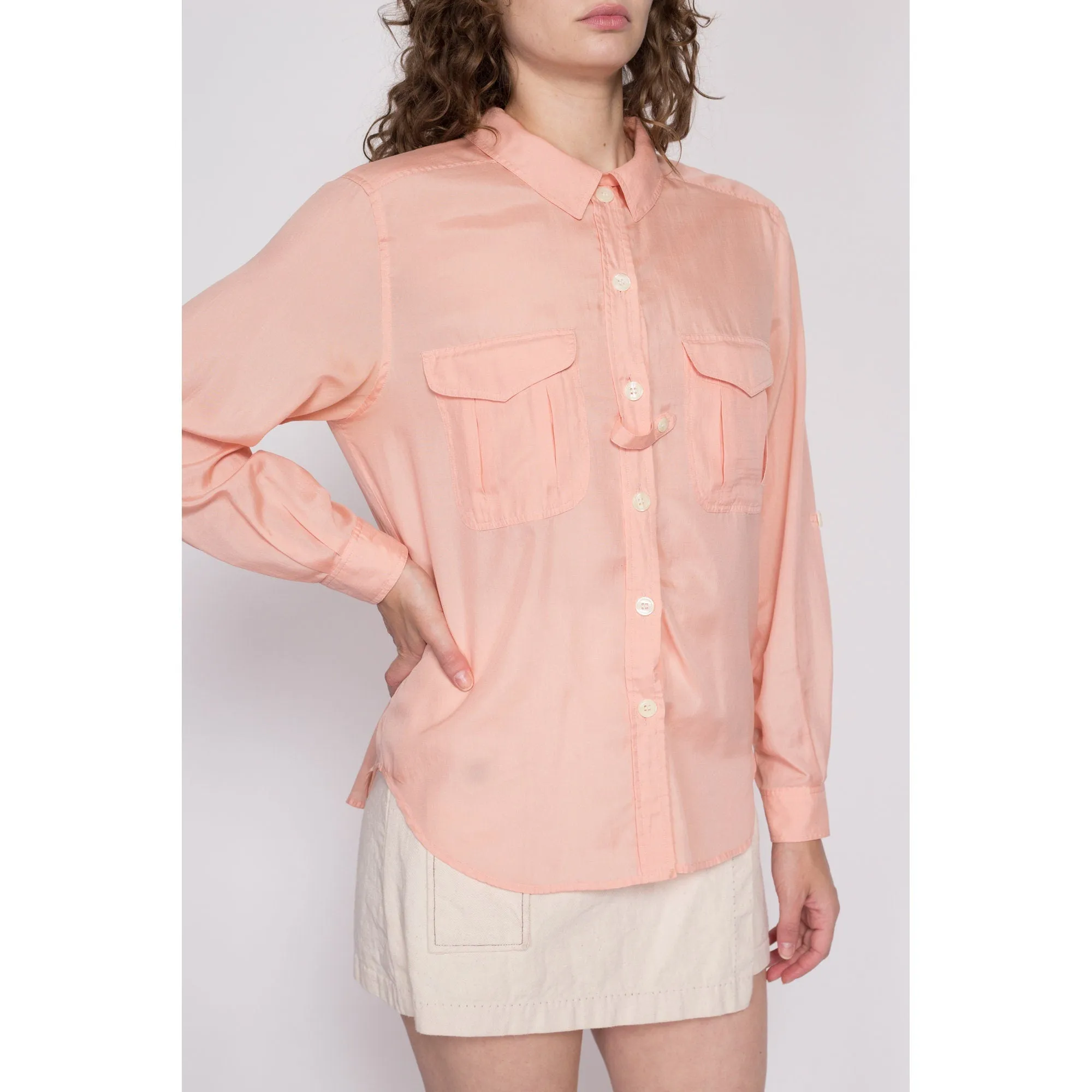80s Peach Silk Blend Cuffed Sleeve Blouse - Large