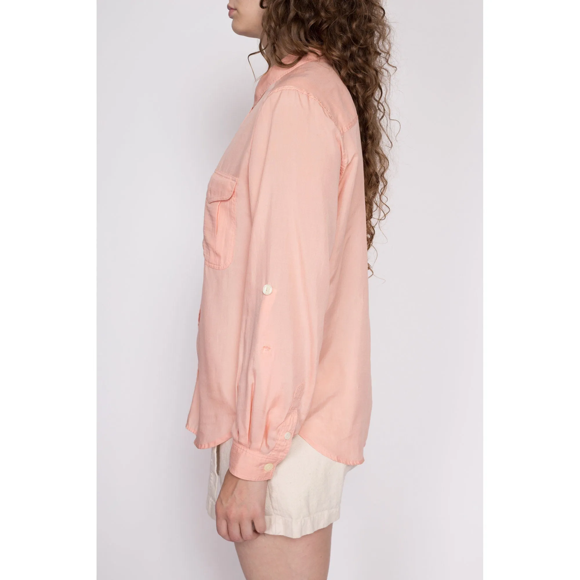 80s Peach Silk Blend Cuffed Sleeve Blouse - Large