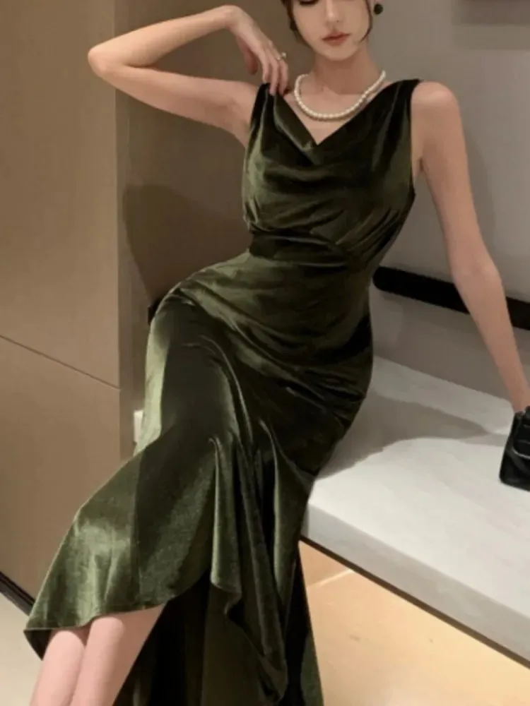 Amozae-Elegant Velvet Dress Women Sleeveless V-neck Wrap Hip Slim Mermaid Evening Party Prom Vestidos Mujer Solid Fashion Sexy Robe New