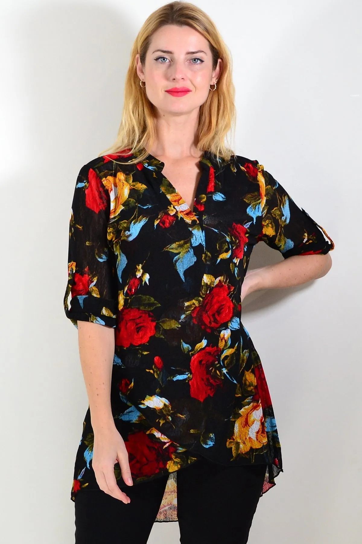 Black Floral Mesh Ladies Tunic Top