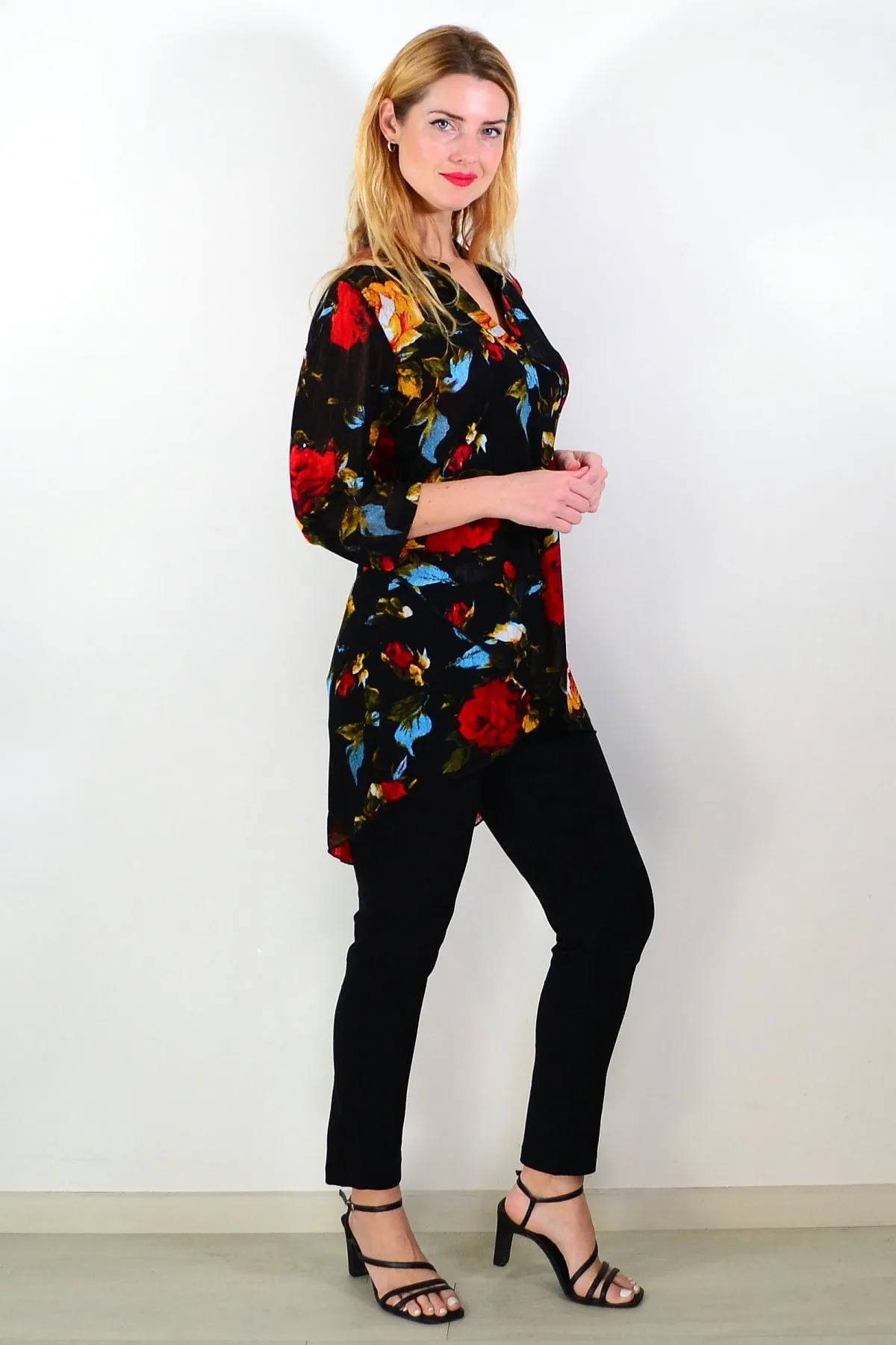 Black Floral Mesh Ladies Tunic Top