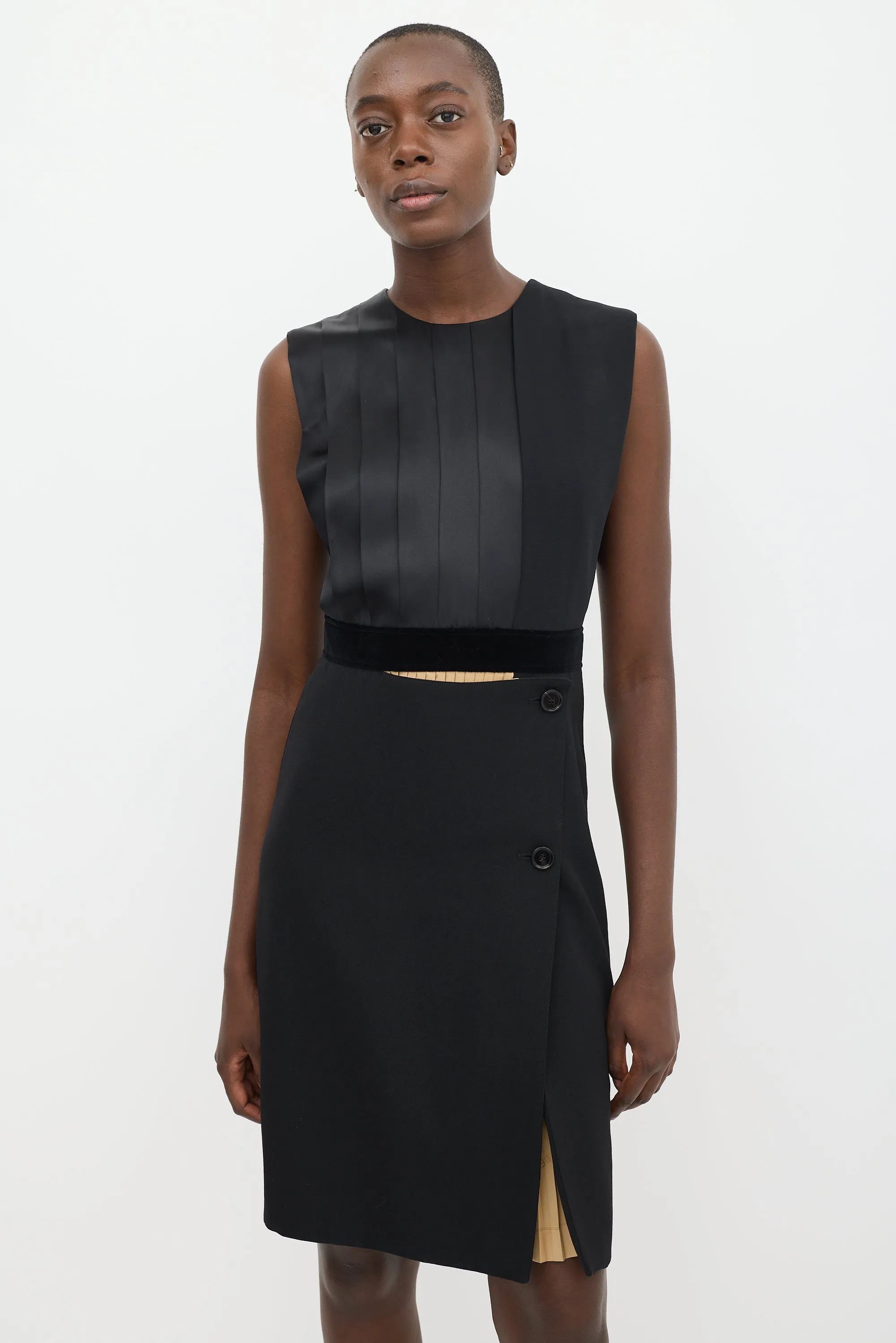 Black Silk Pleated Wrap Dress