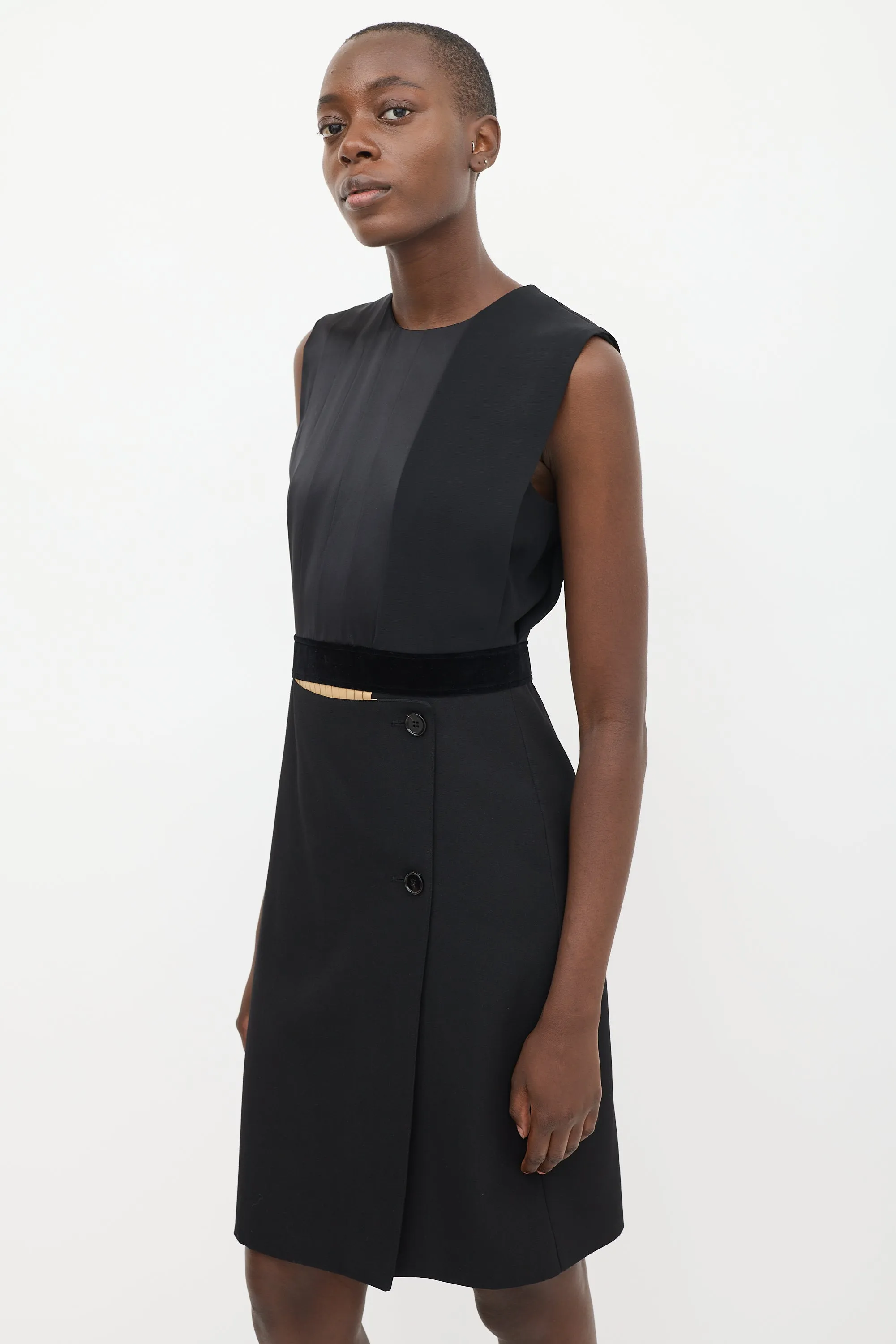 Black Silk Pleated Wrap Dress