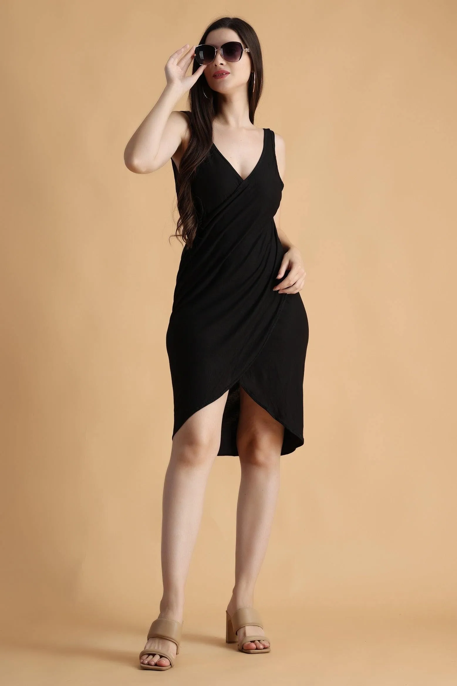 Black Solid Wrap Around Cover Up Dress