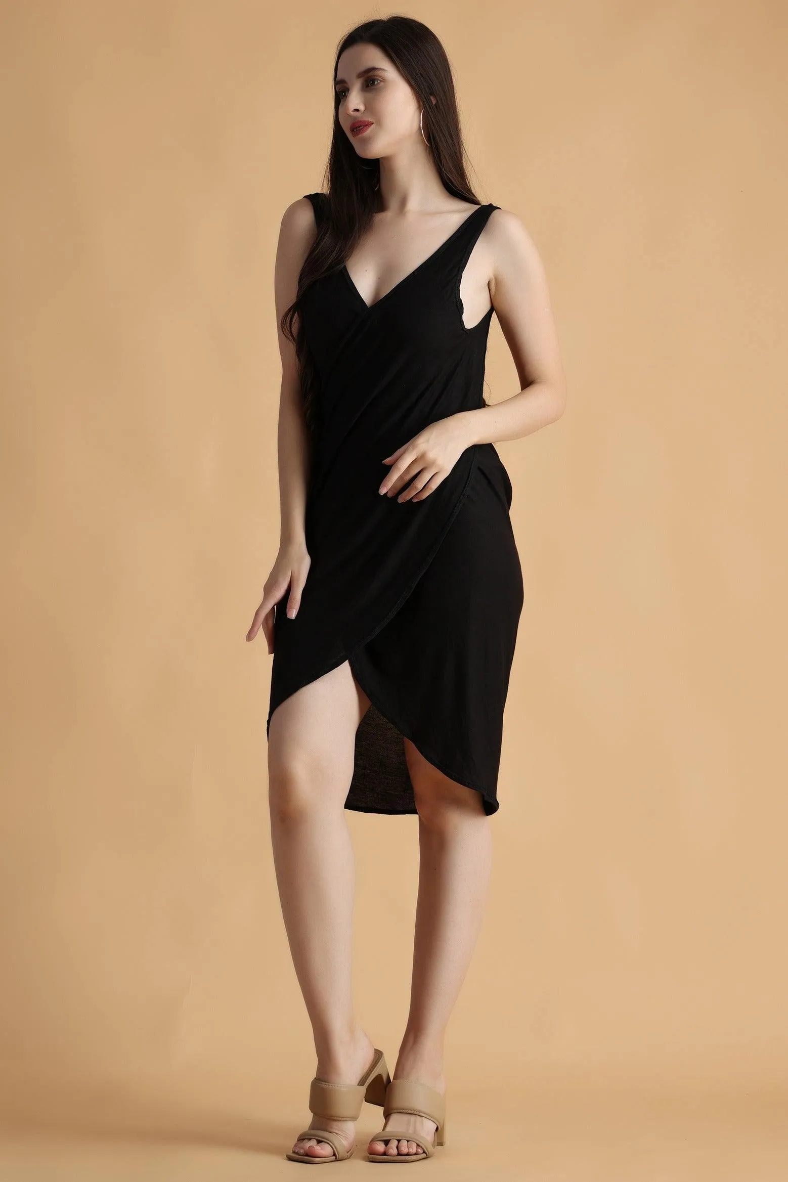 Black Solid Wrap Around Cover Up Dress