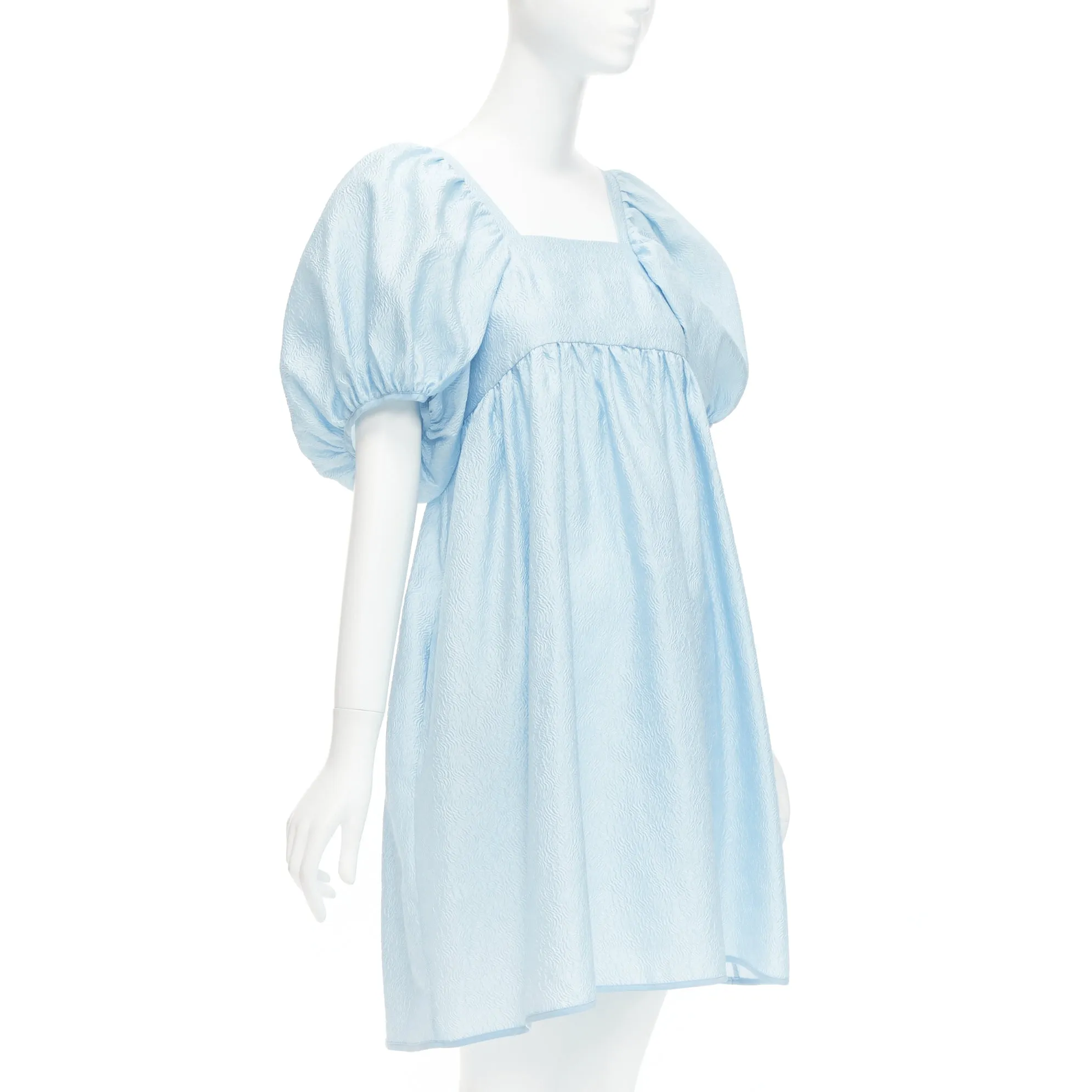 CECILIE BAHNSEN blue silk blend rose silk jacquard puff babydoll dress UK6 XS