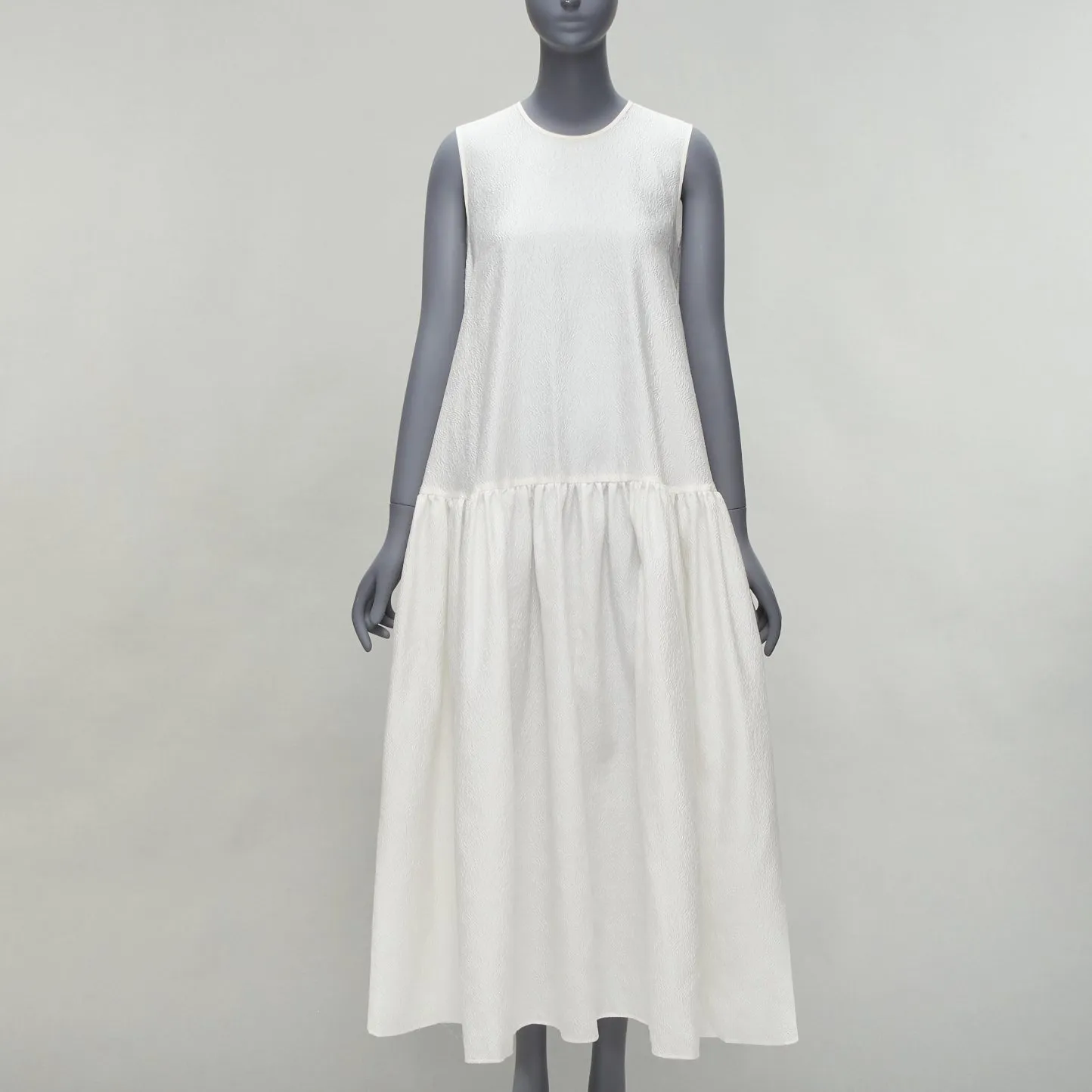 CECILIE BAHNSEN white silk blend jacquard sleeveless babydoll midi dress UK6 XS