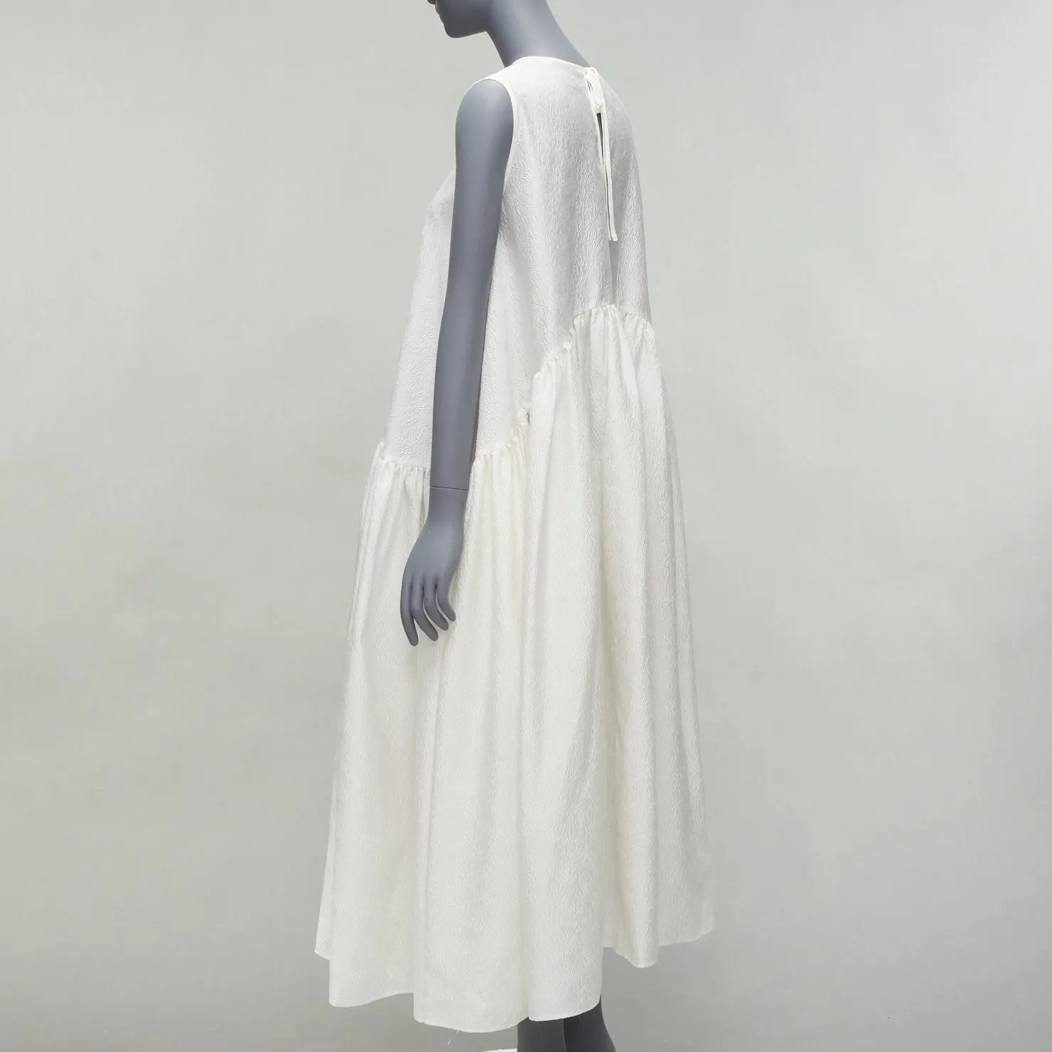 CECILIE BAHNSEN white silk blend jacquard sleeveless babydoll midi dress UK6 XS