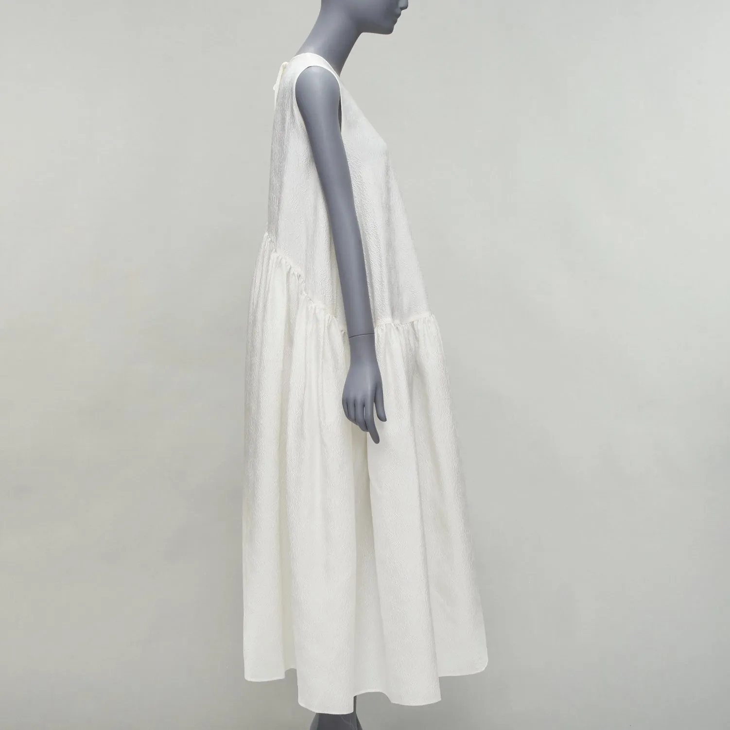 CECILIE BAHNSEN white silk blend jacquard sleeveless babydoll midi dress UK6 XS