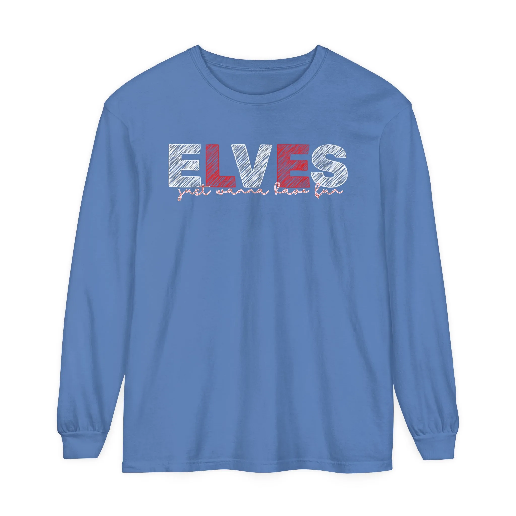 Comfort Colors Garment-Dyed Long Sleeve T-Shirt: Red & White 'Elves Just Wanna Have Fun' - Festive & Cozy