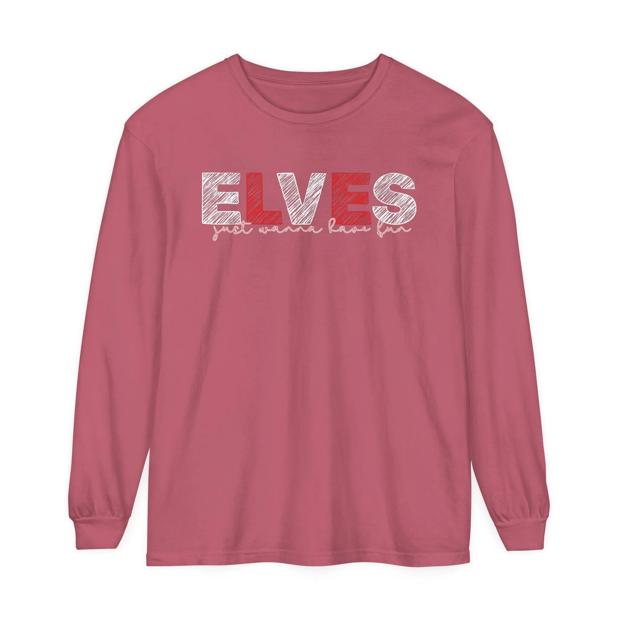 Comfort Colors Garment-Dyed Long Sleeve T-Shirt: Red & White 'Elves Just Wanna Have Fun' - Festive & Cozy