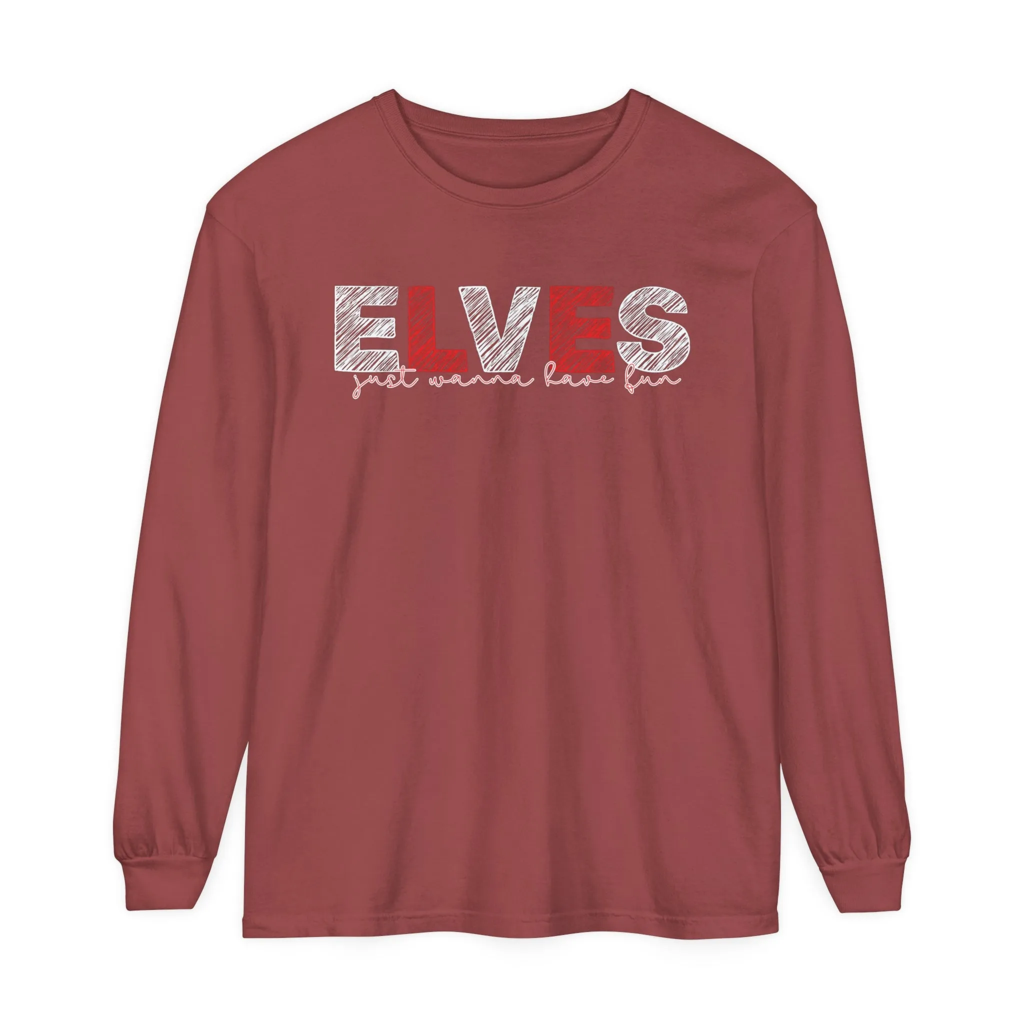 Comfort Colors Garment-Dyed Long Sleeve T-Shirt: Red & White 'Elves Just Wanna Have Fun' - Festive & Cozy