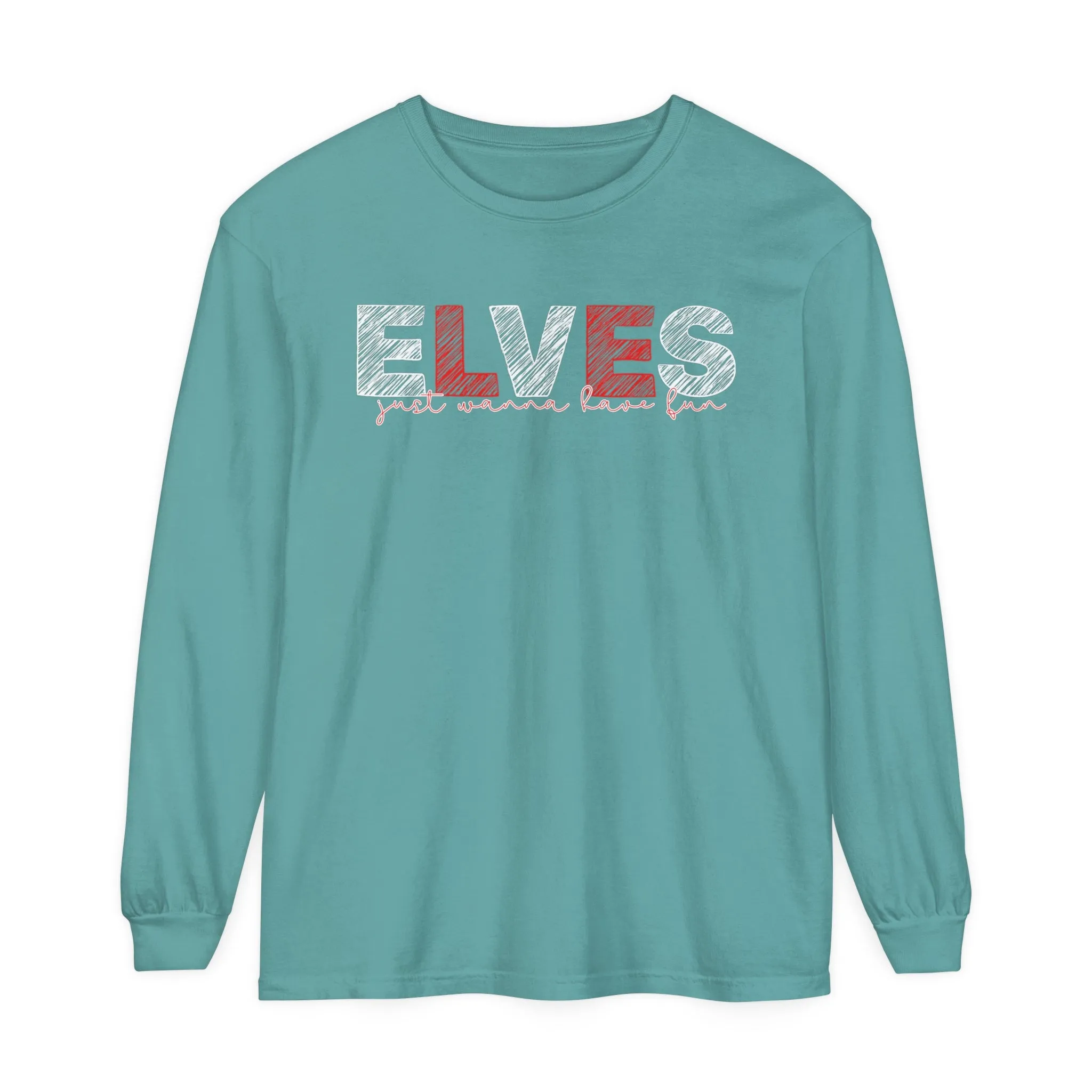 Comfort Colors Garment-Dyed Long Sleeve T-Shirt: Red & White 'Elves Just Wanna Have Fun' - Festive & Cozy