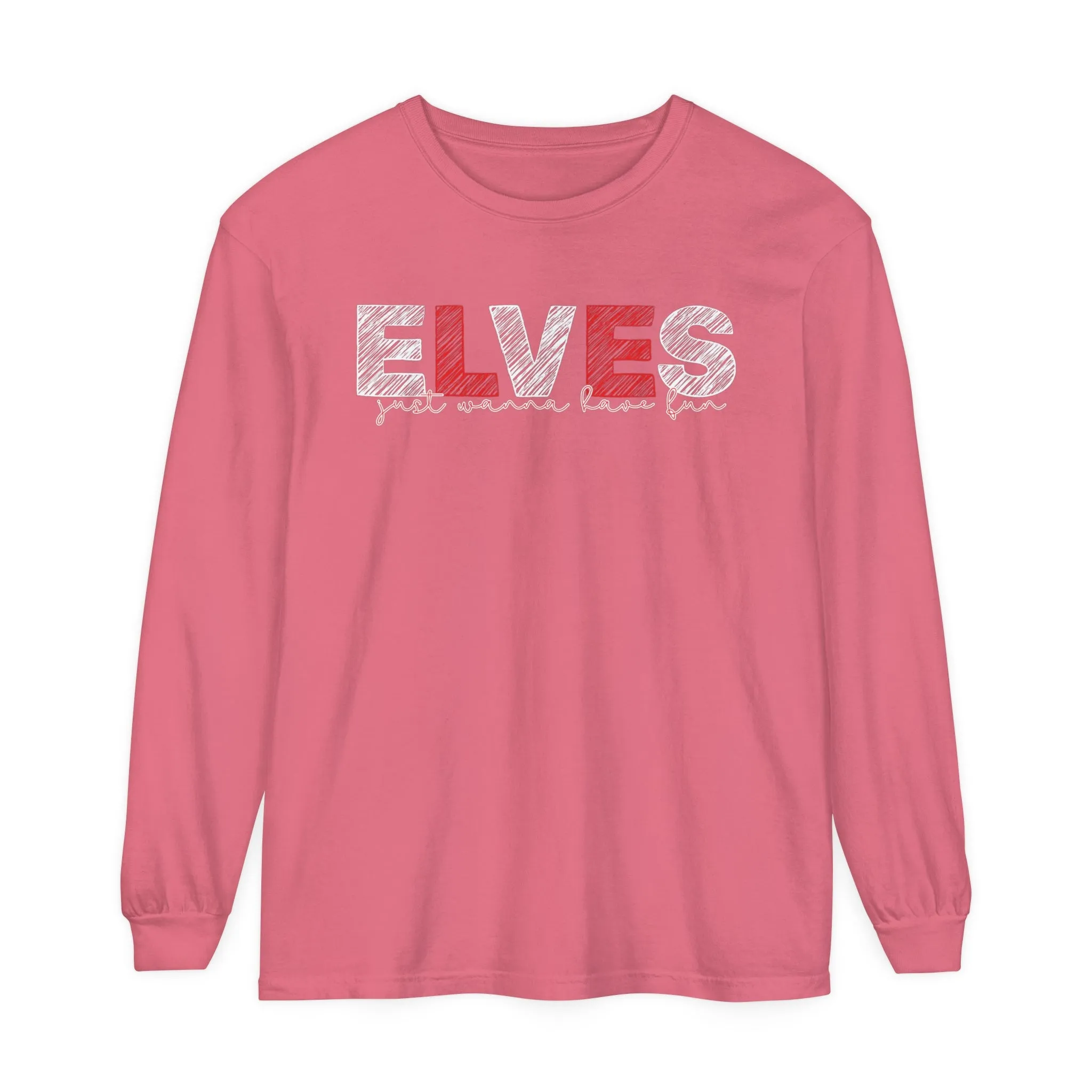 Comfort Colors Garment-Dyed Long Sleeve T-Shirt: Red & White 'Elves Just Wanna Have Fun' - Festive & Cozy