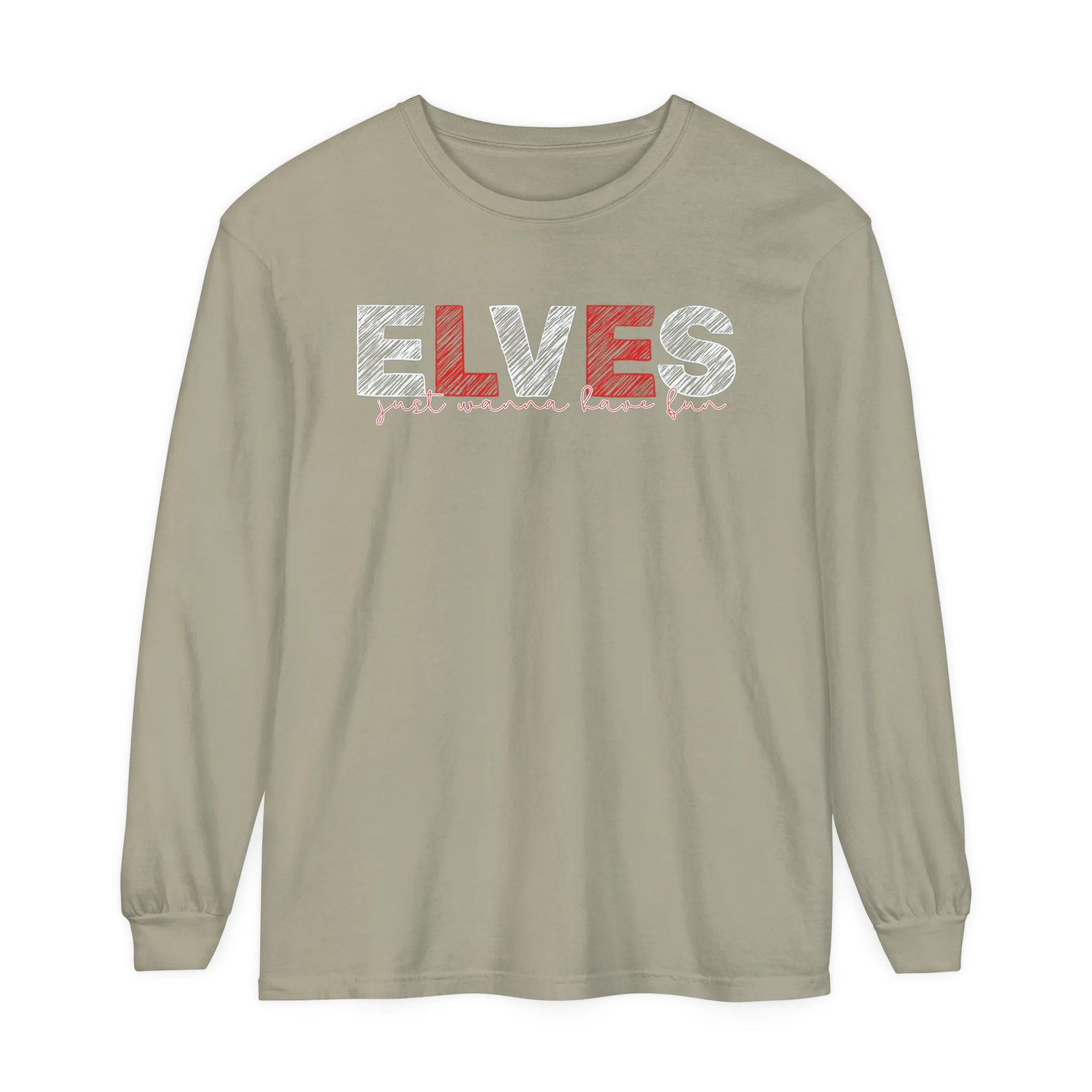 Comfort Colors Garment-Dyed Long Sleeve T-Shirt: Red & White 'Elves Just Wanna Have Fun' - Festive & Cozy