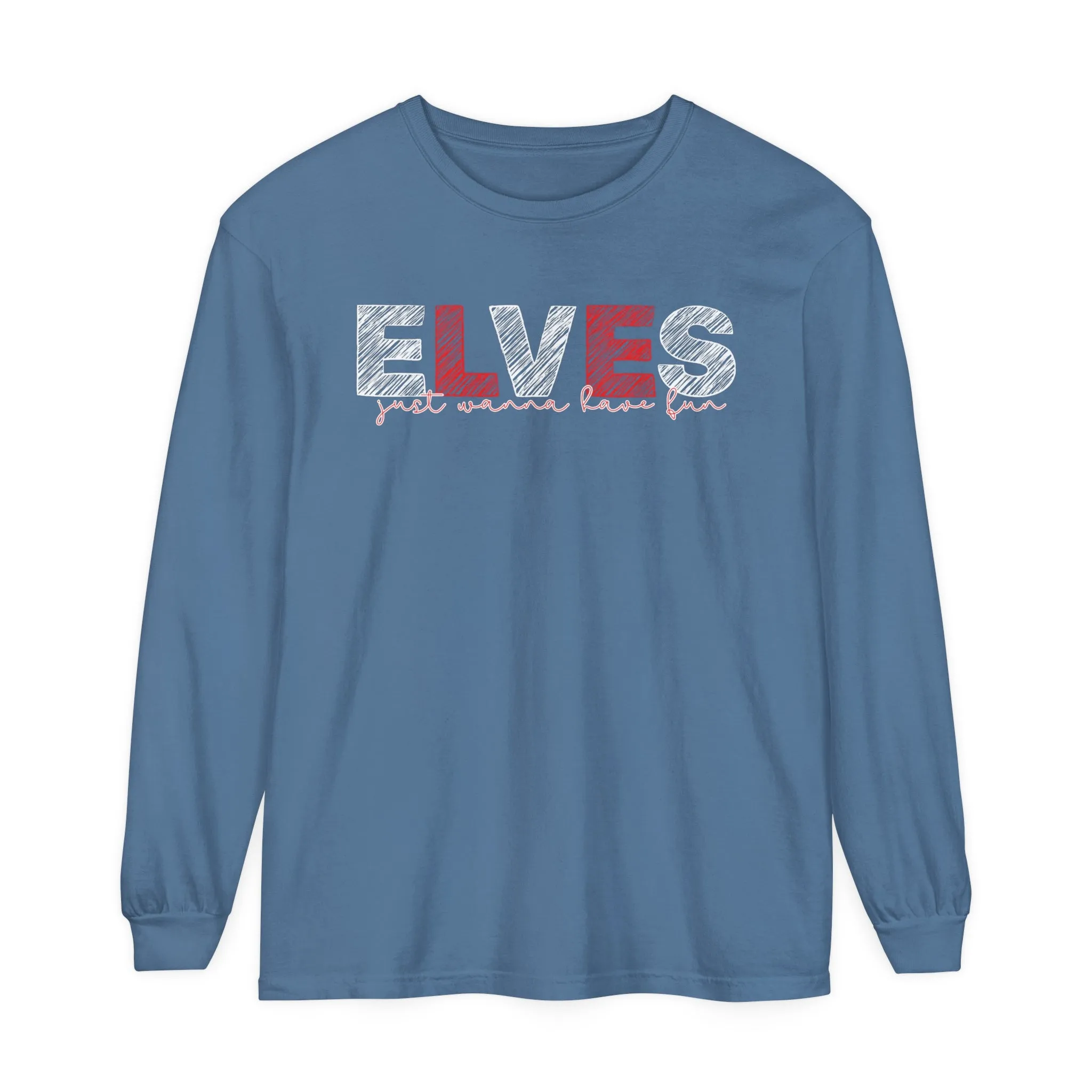 Comfort Colors Garment-Dyed Long Sleeve T-Shirt: Red & White 'Elves Just Wanna Have Fun' - Festive & Cozy