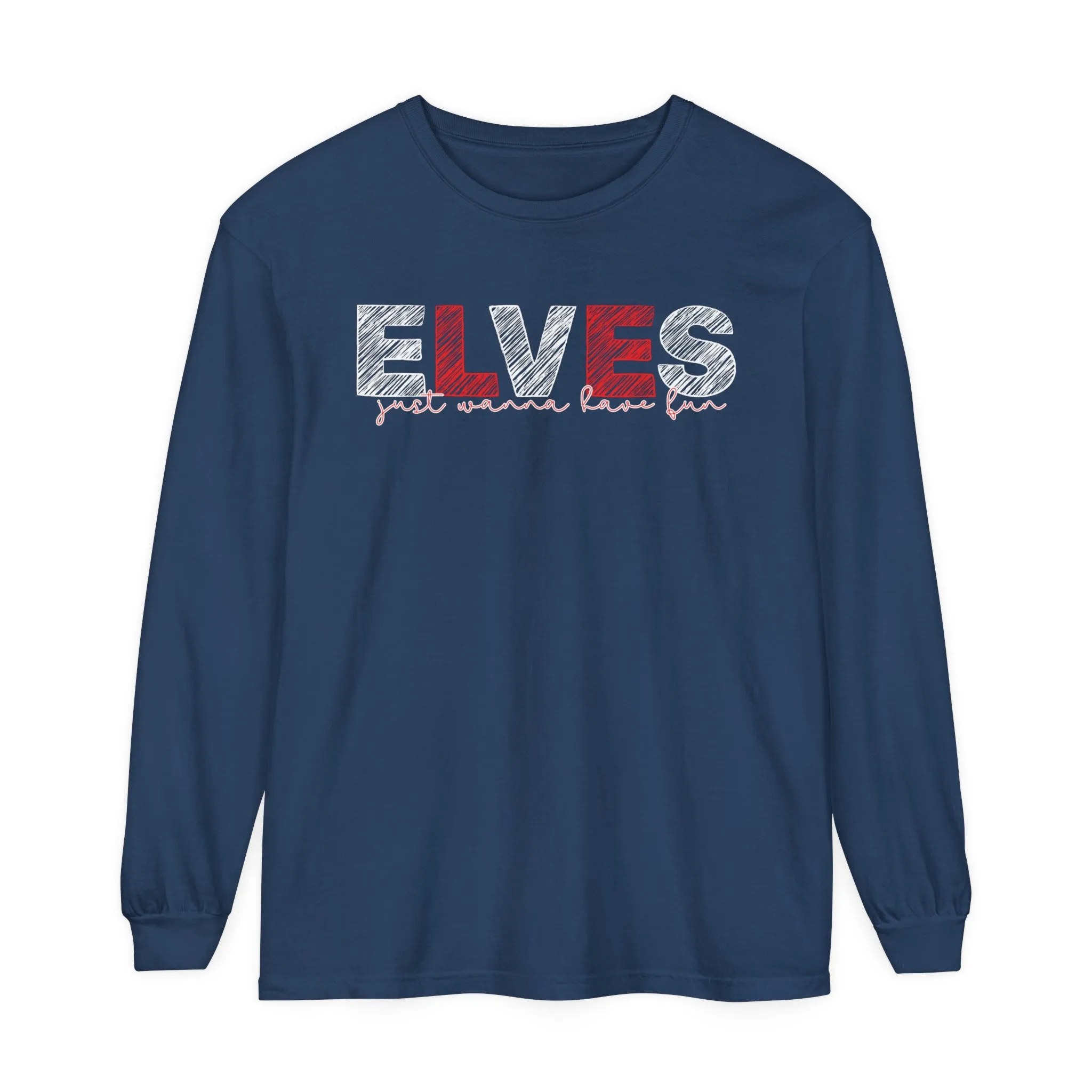 Comfort Colors Garment-Dyed Long Sleeve T-Shirt: Red & White 'Elves Just Wanna Have Fun' - Festive & Cozy