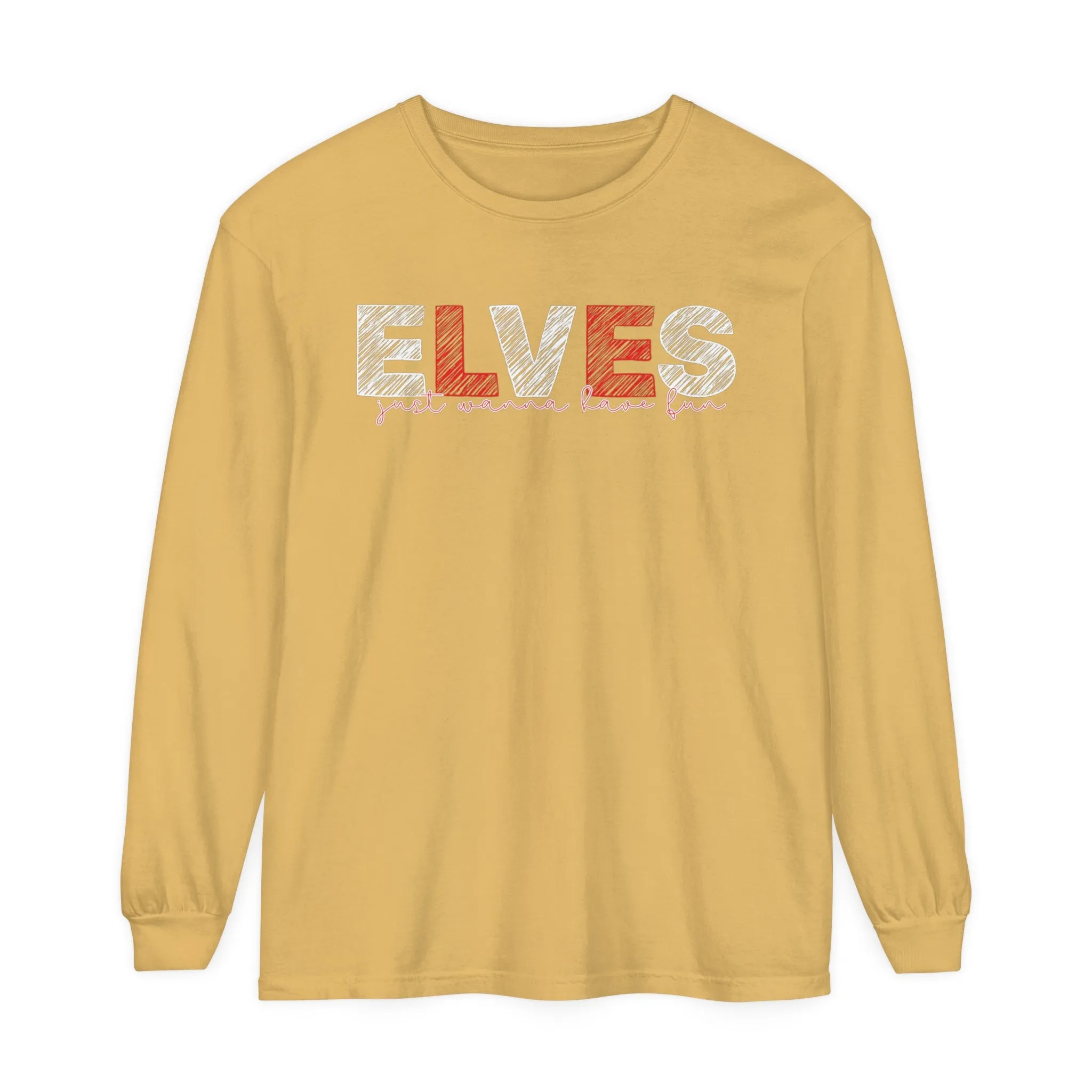 Comfort Colors Garment-Dyed Long Sleeve T-Shirt: Red & White 'Elves Just Wanna Have Fun' - Festive & Cozy