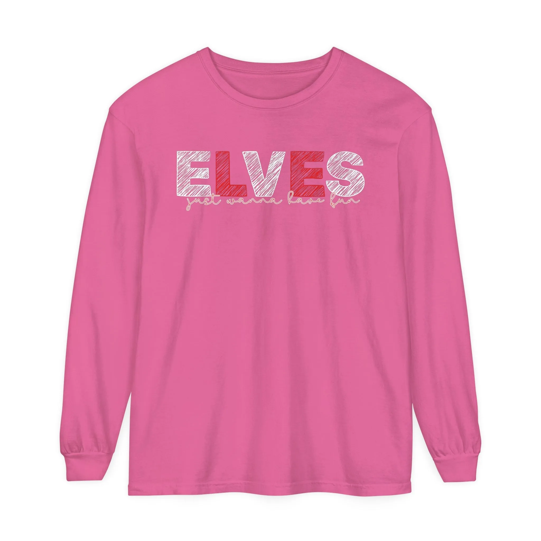 Comfort Colors Garment-Dyed Long Sleeve T-Shirt: Red & White 'Elves Just Wanna Have Fun' - Festive & Cozy