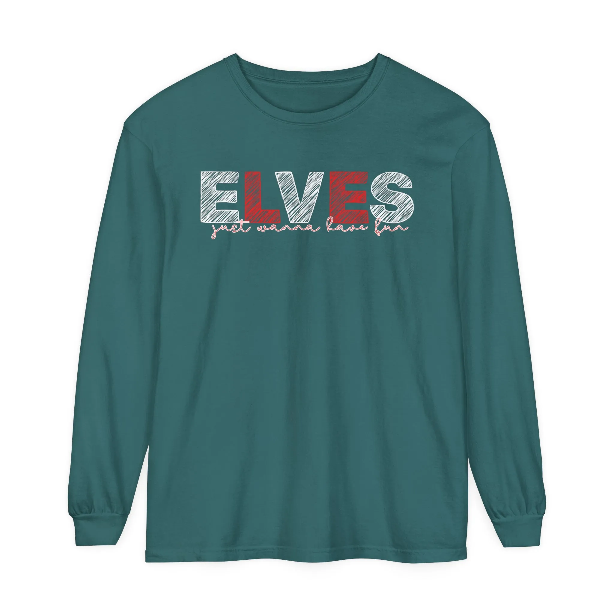 Comfort Colors Garment-Dyed Long Sleeve T-Shirt: Red & White 'Elves Just Wanna Have Fun' - Festive & Cozy