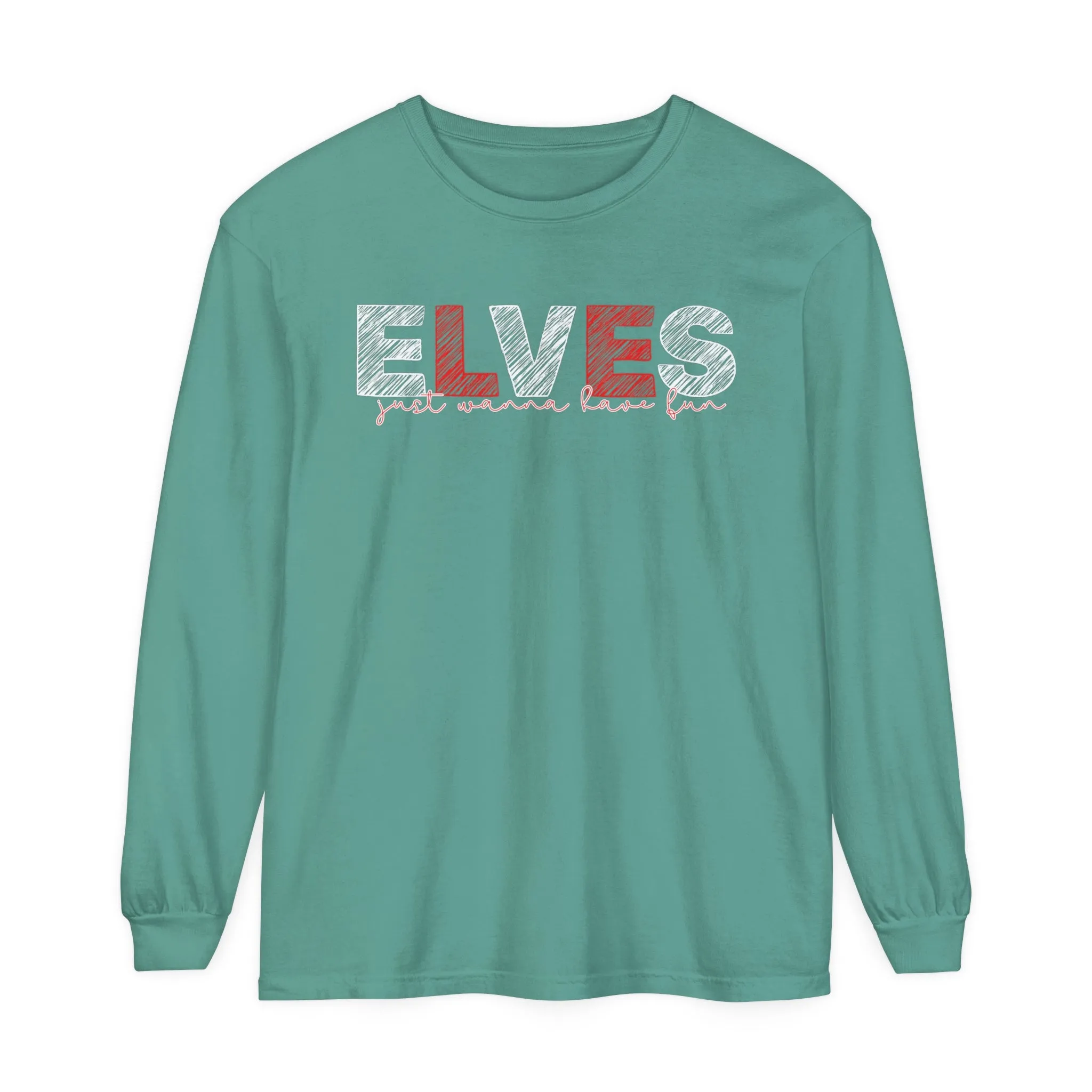 Comfort Colors Garment-Dyed Long Sleeve T-Shirt: Red & White 'Elves Just Wanna Have Fun' - Festive & Cozy