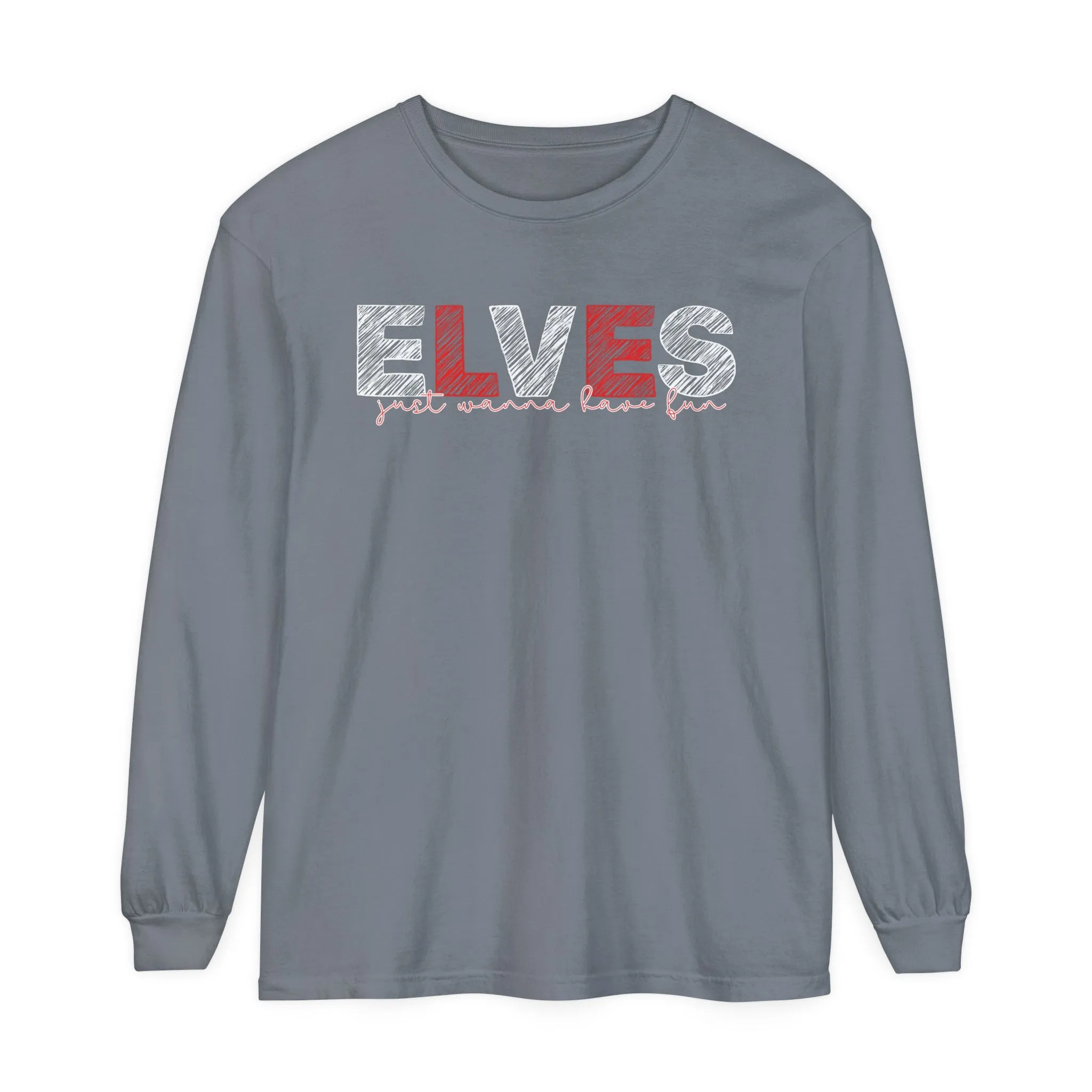 Comfort Colors Garment-Dyed Long Sleeve T-Shirt: Red & White 'Elves Just Wanna Have Fun' - Festive & Cozy