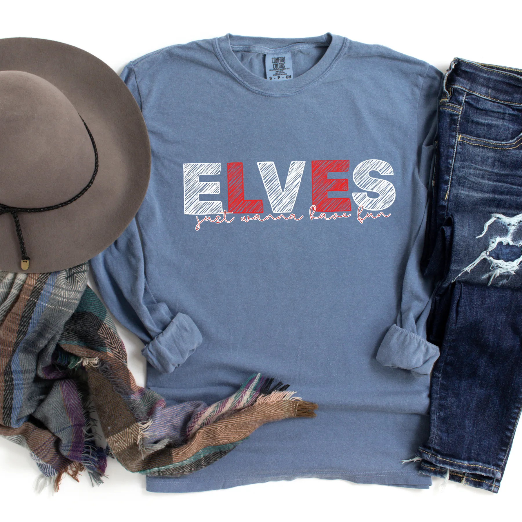 Comfort Colors Garment-Dyed Long Sleeve T-Shirt: Red & White 'Elves Just Wanna Have Fun' - Festive & Cozy
