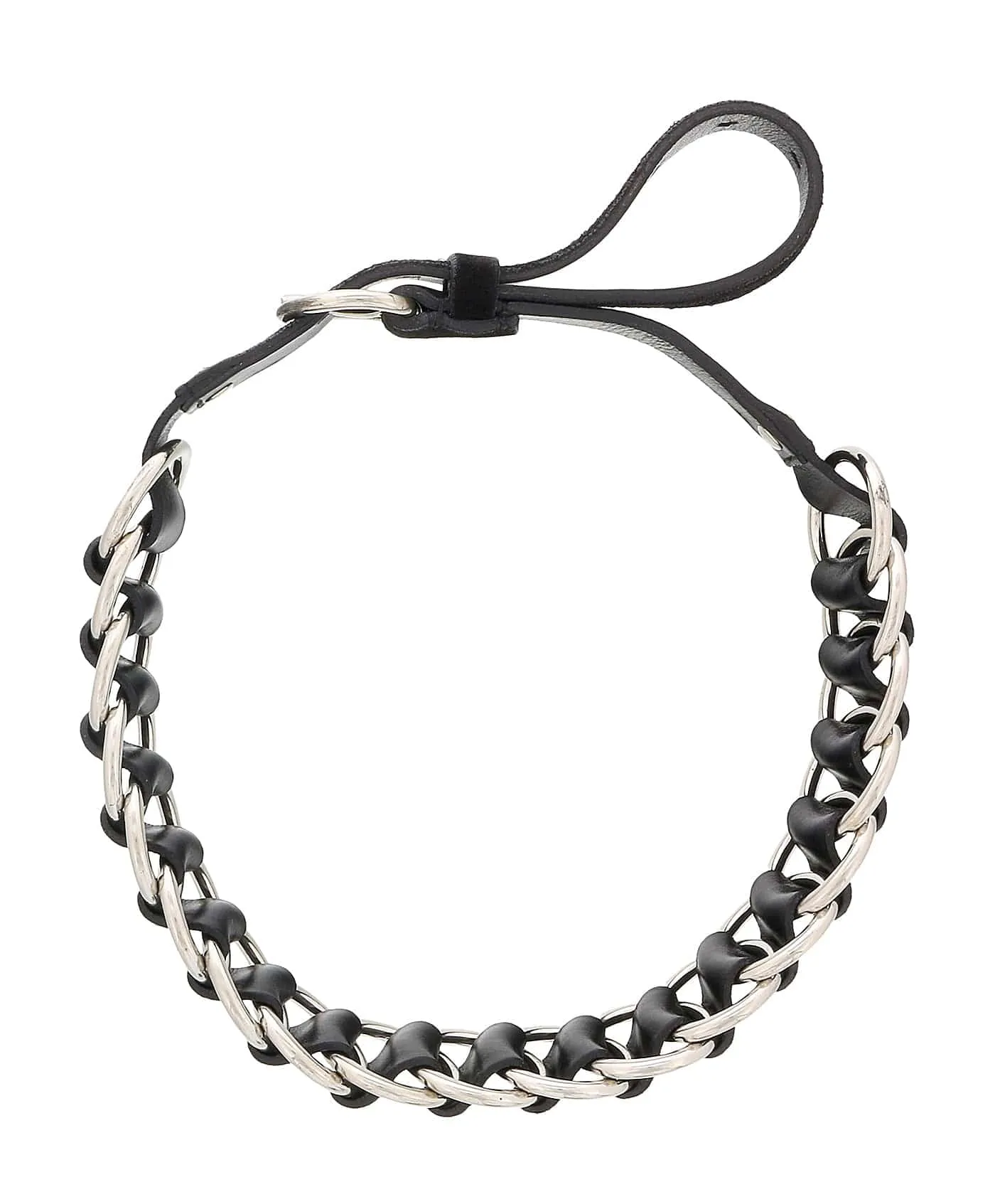 Damaged/ Store Return Miu Miu Black/Silver Leather Woven Silver Chain Choker Necklace-One Size
