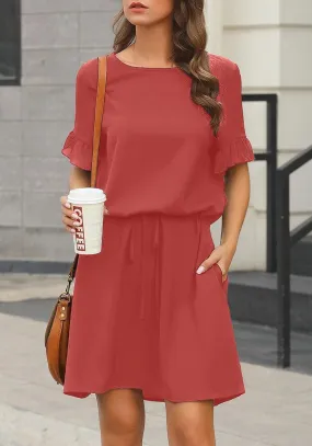 Dark Coral Drawstring-Waist Ruffle Short Sleeves Mini Dress