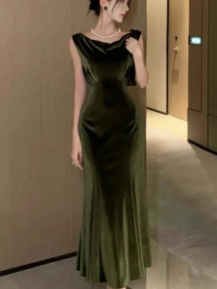 Elegant Velvet Dress Women Sleeveless V-neck Wrap Hip Slim Mermaid Evening Party Prom Vestidos Mujer Solid Fashion Sexy Robe New