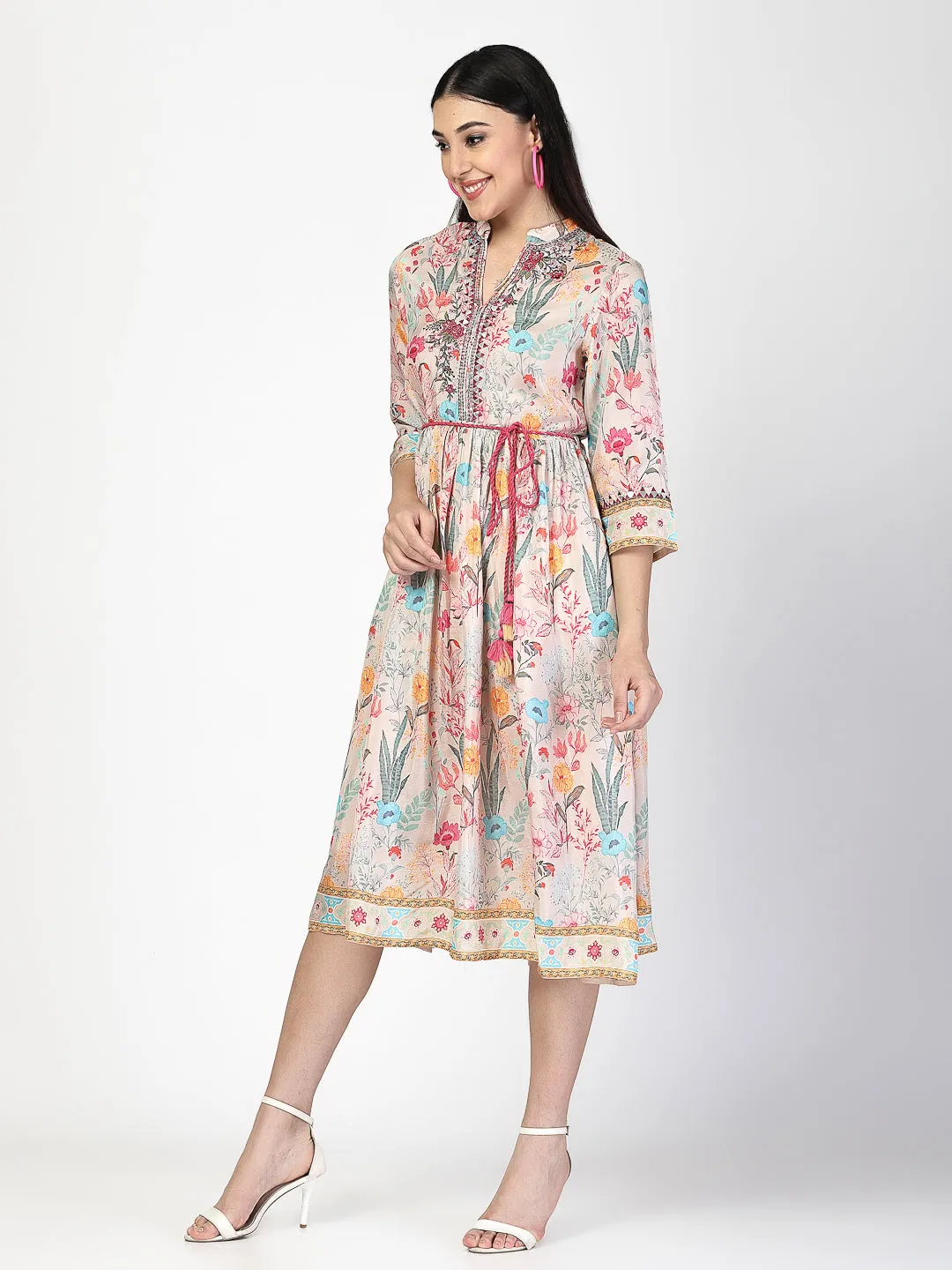 Embroidered Waist Tie Up Dress