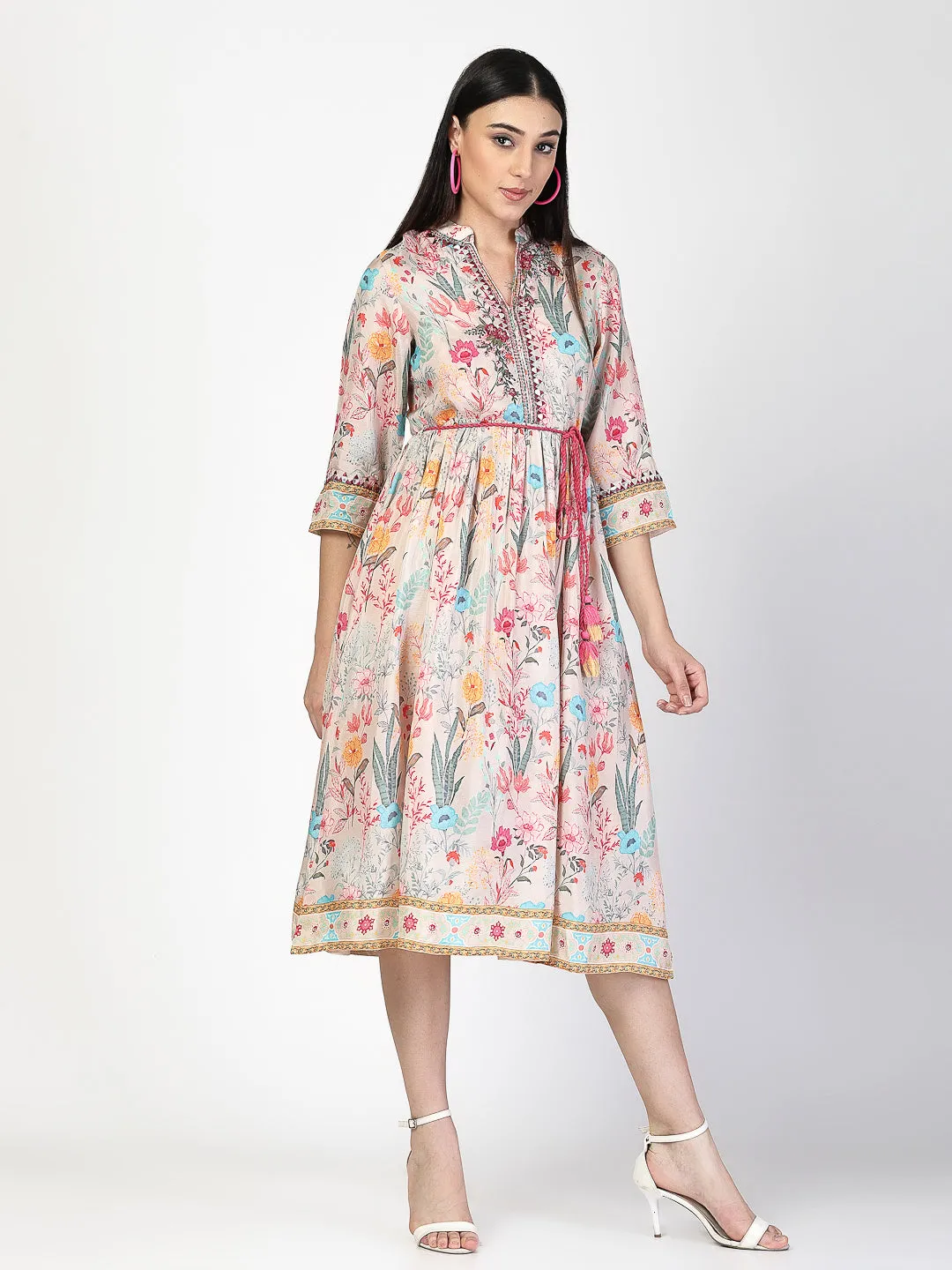 Embroidered Waist Tie Up Dress