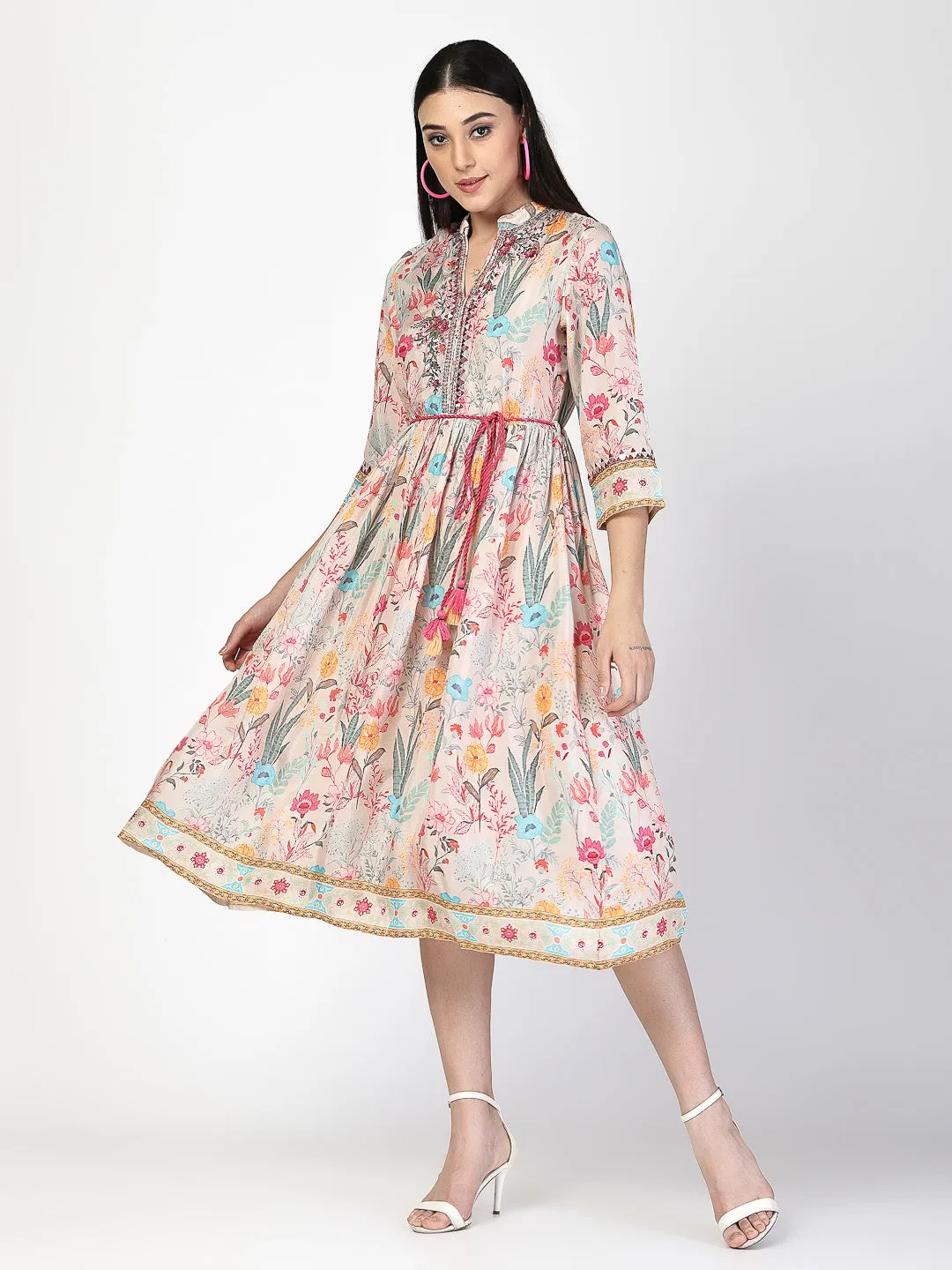 Embroidered Waist Tie Up Dress
