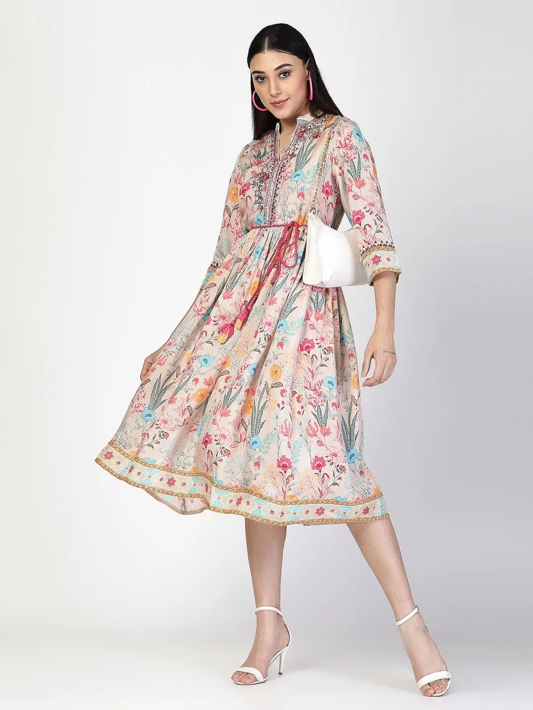 Embroidered Waist Tie Up Dress