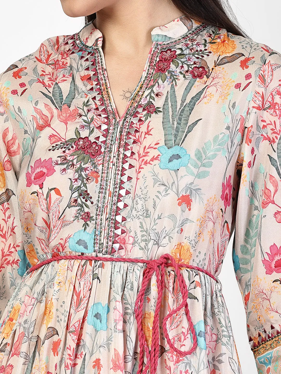 Embroidered Waist Tie Up Dress