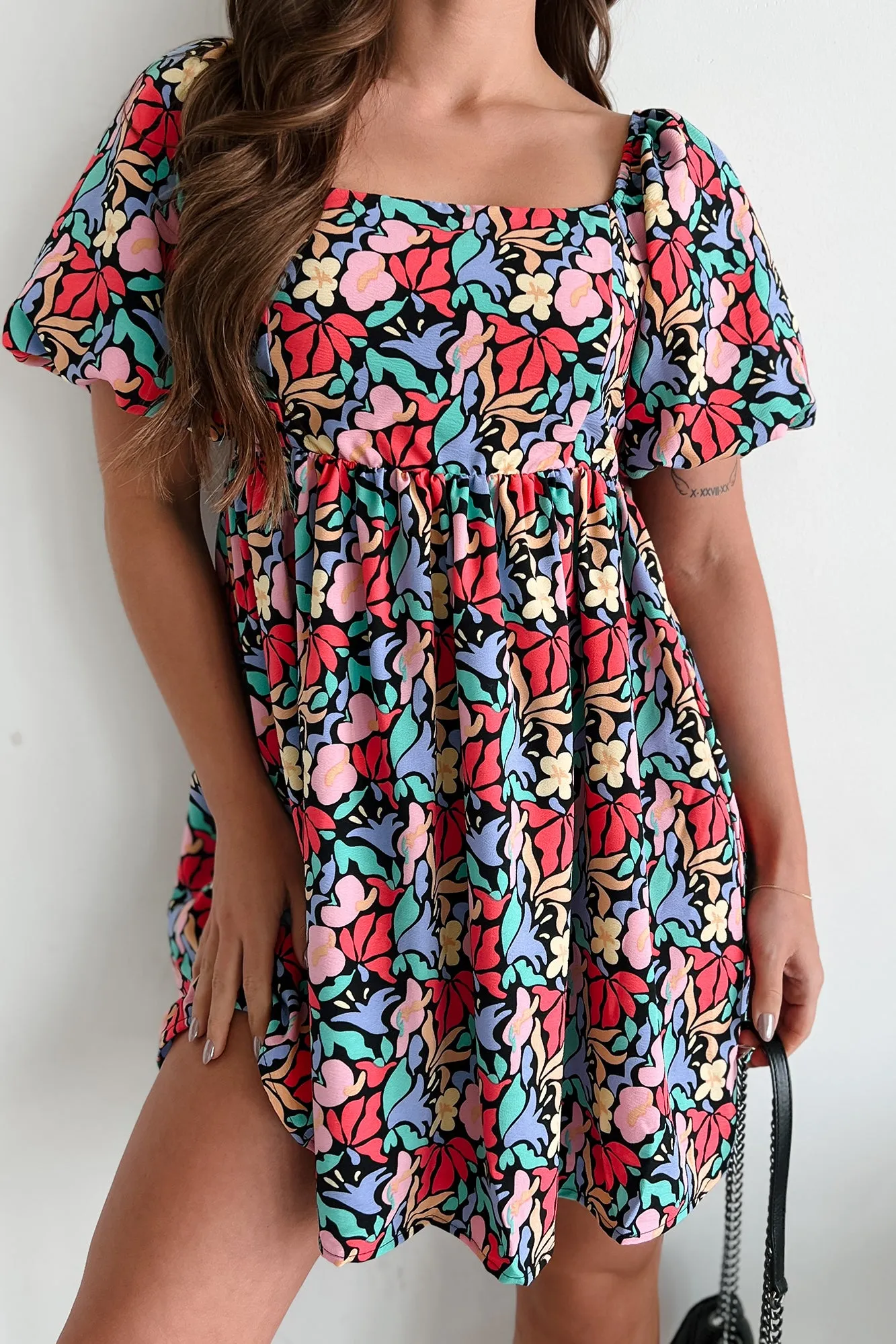Forever Remembered Puff Sleeve Mini Dress (Black Multi)