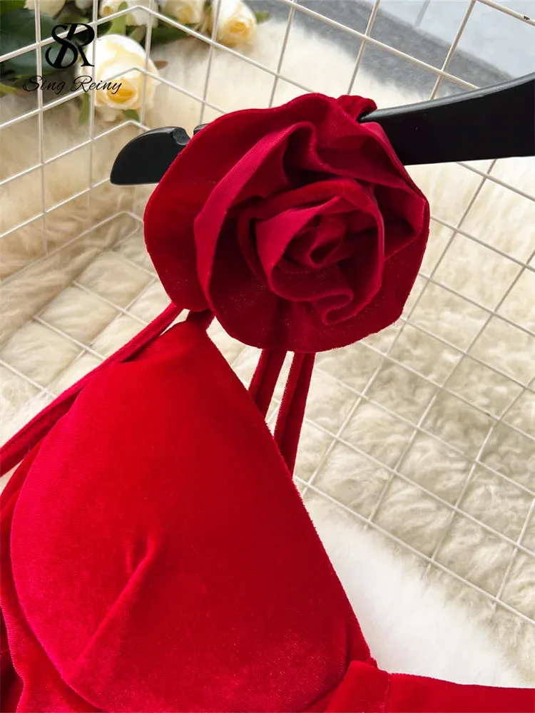 French Retro Velvet Dress Spaghetti Strap Sleeveless 3D Flowers Split Red Evening Party Sexy Dress