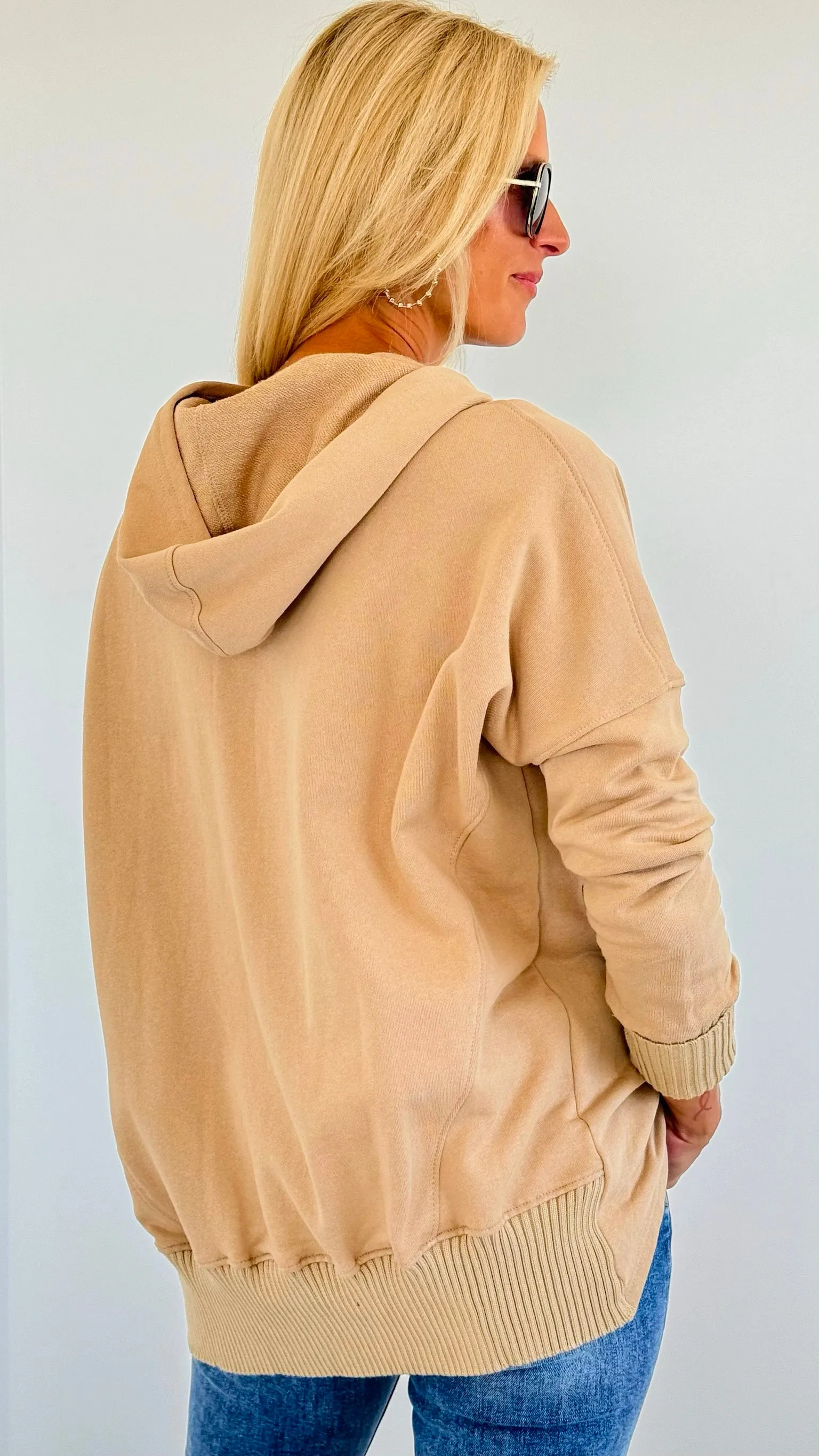 French Terry Buttoned Down Hoodie - Taupe