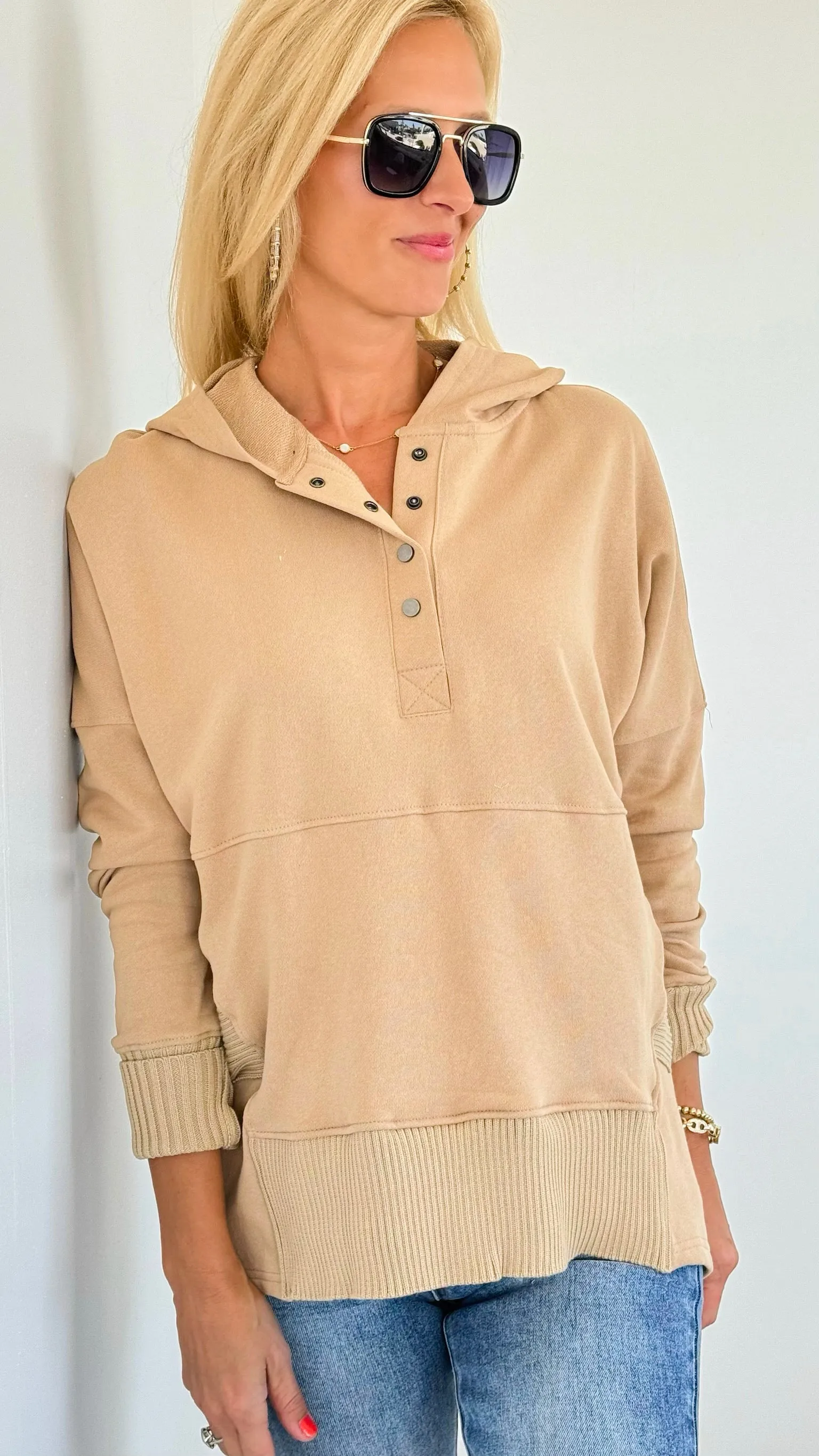French Terry Buttoned Down Hoodie - Taupe
