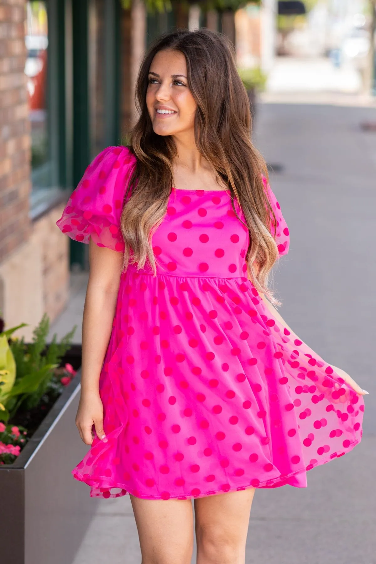 Fuchsia Tonal Dot Print Babydoll Dress