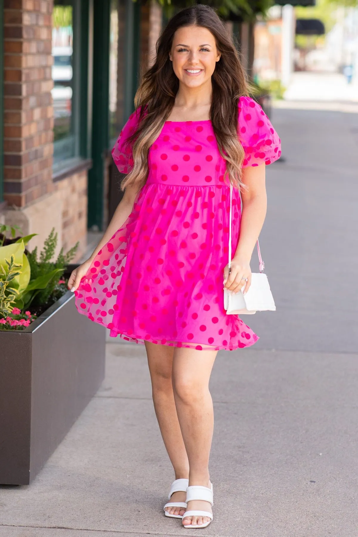 Fuchsia Tonal Dot Print Babydoll Dress